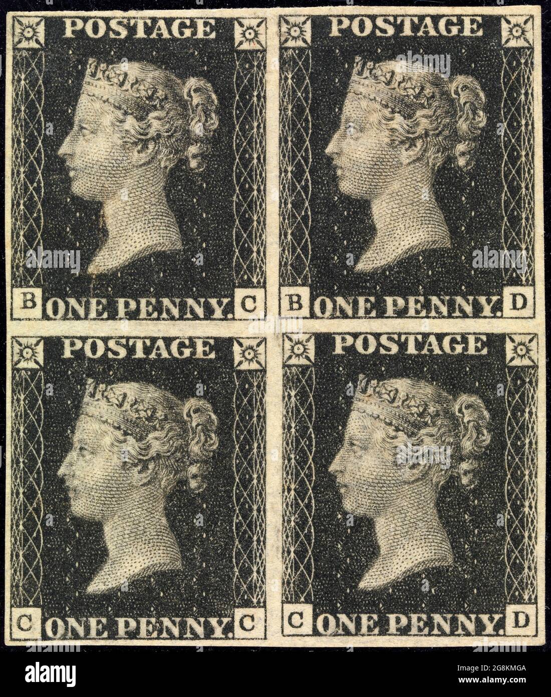 Unused block of four 'Penny Black' postage stamps of Queen Victoria issued May 6, 1840 After a design by William Wyon Stock Photo