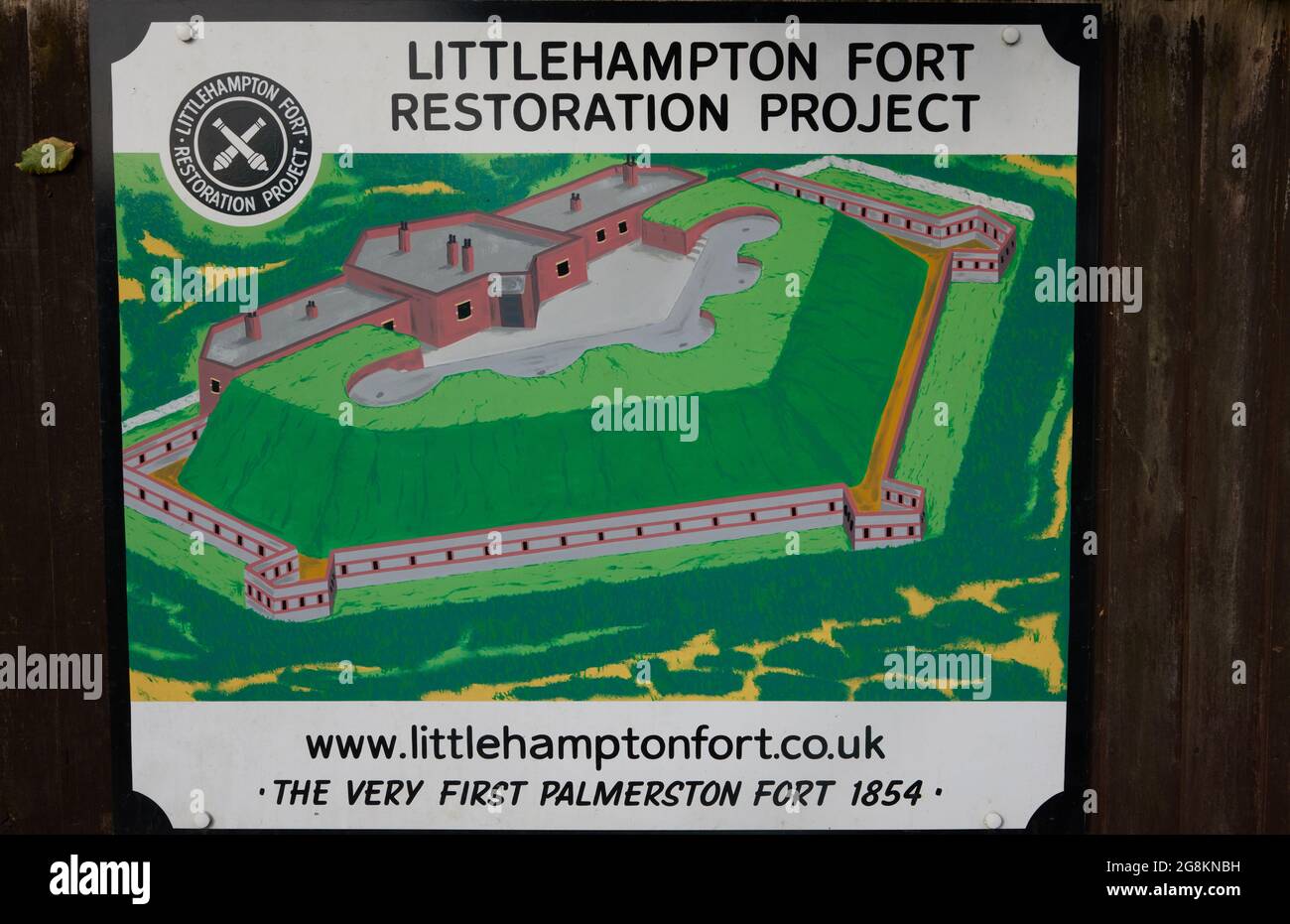 Board with information on the Littlehampton fort restoration project. Stock Photo