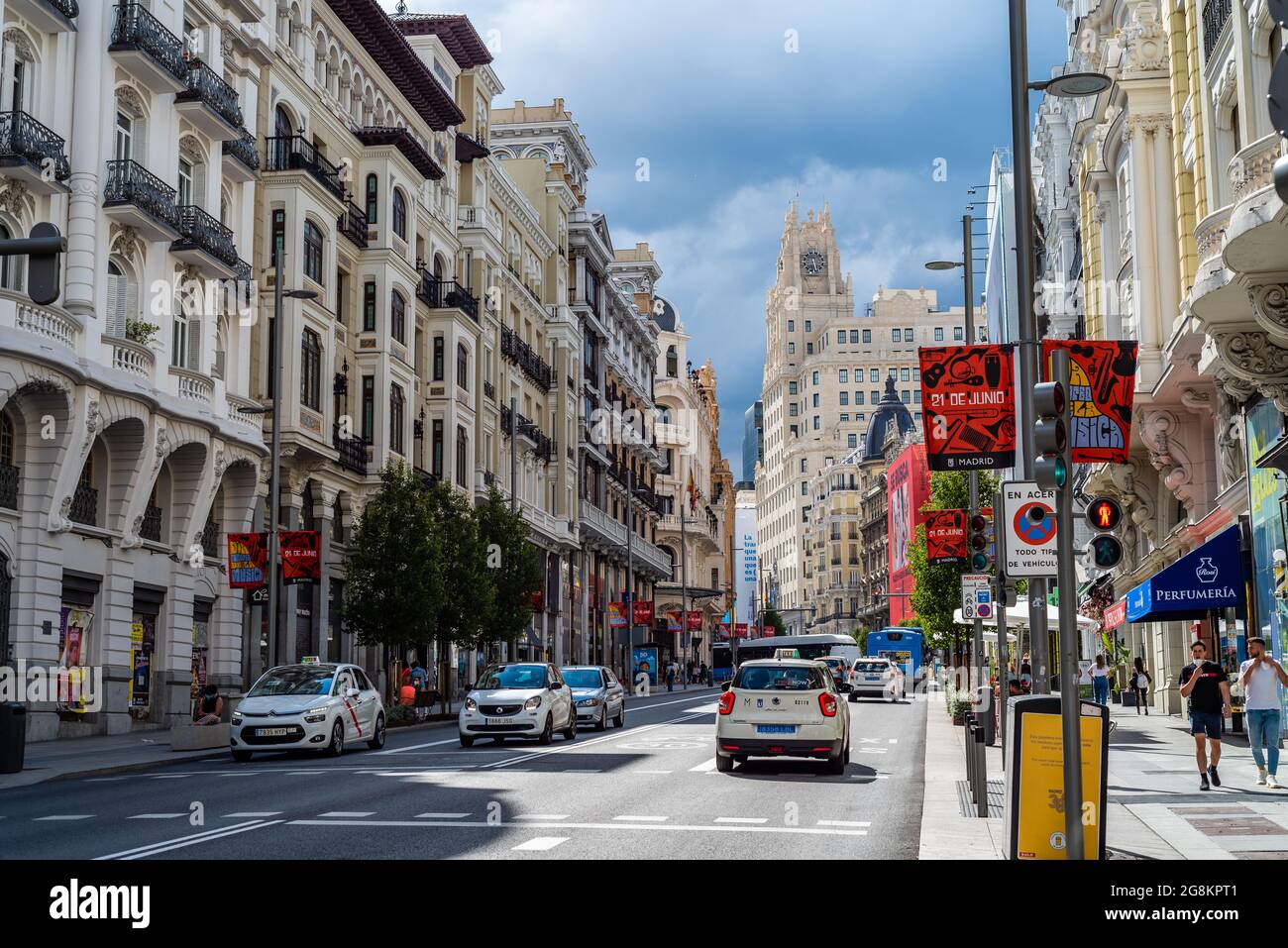Madrid, Spain June 18, 2021 Busy street scene in Gran Via, the