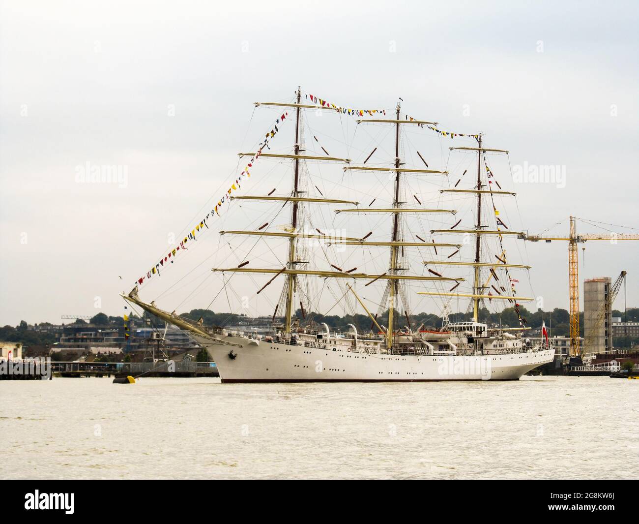 A large full rigged tall ship moored in the western part of the Thames river in the Greater London, UK Stock Photo