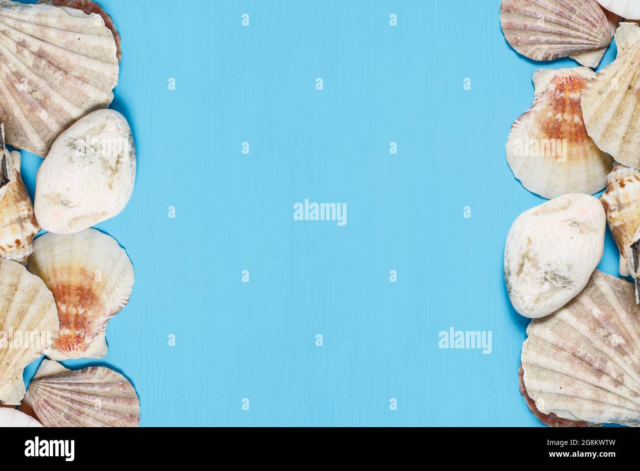 Sea frame. Different marine items on blue wooden background. Sea ...