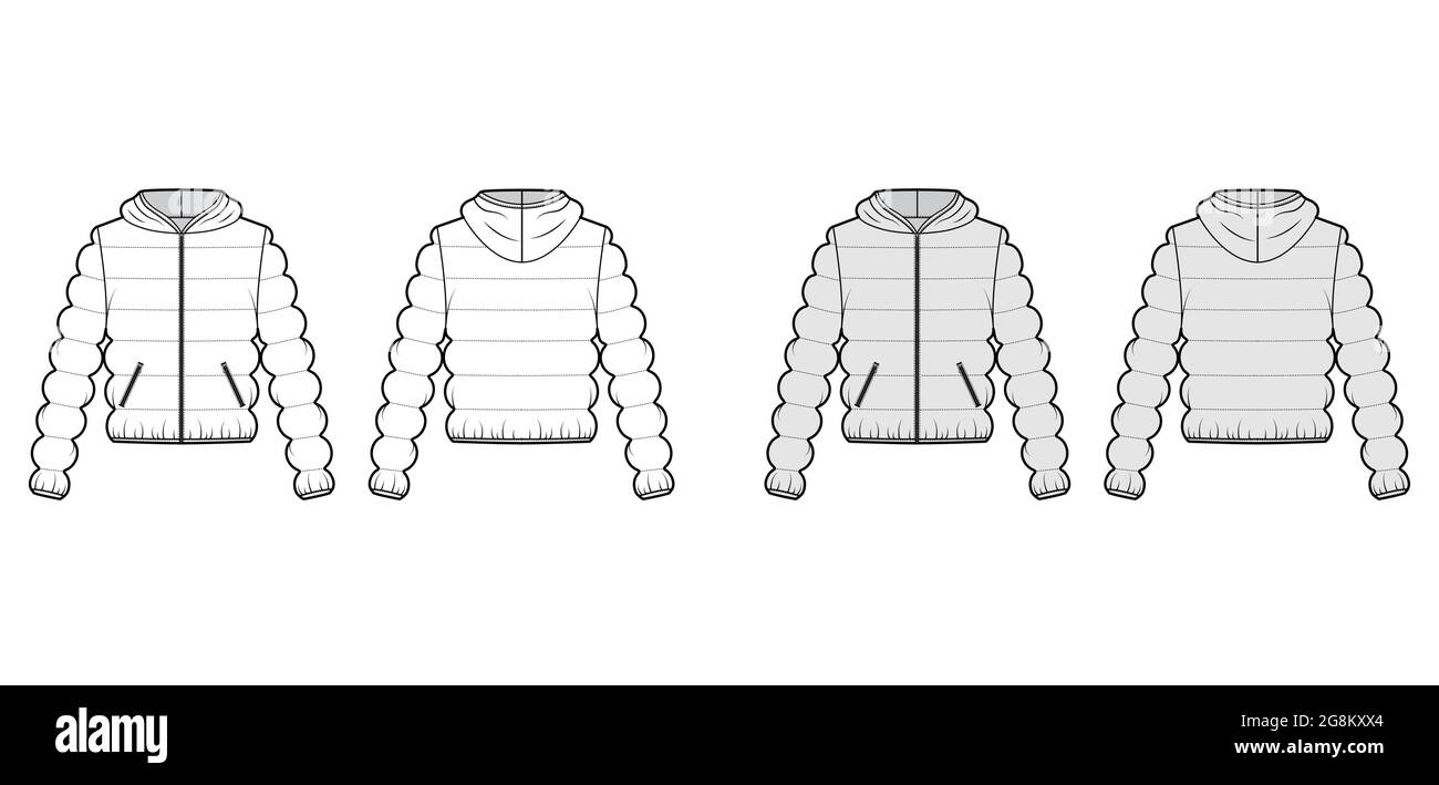 Hooded jacket Down puffer coat technical fashion illustration with zip