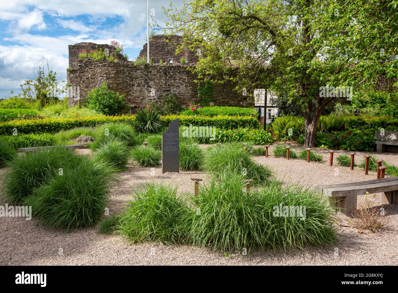 Monmouth Castle, birthplace of Henry V,  from a memorial garden, Monmouth, Wales, UK. Stock Photo