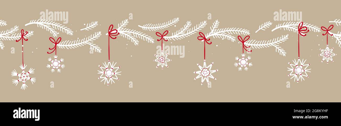 Lovely hand drawn Christmas branches seamless pattern, cute doodle background with fir, holly berries and decoration - great for wrapping, textiles, b Stock Vector