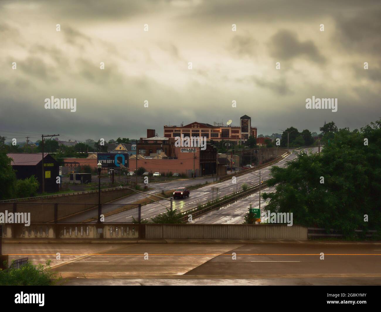 Syracuse, New York, USA. Elevated view of Interstate 690 heading northeast in downtown Syracuse, New York on a rainy morning Stock Photo