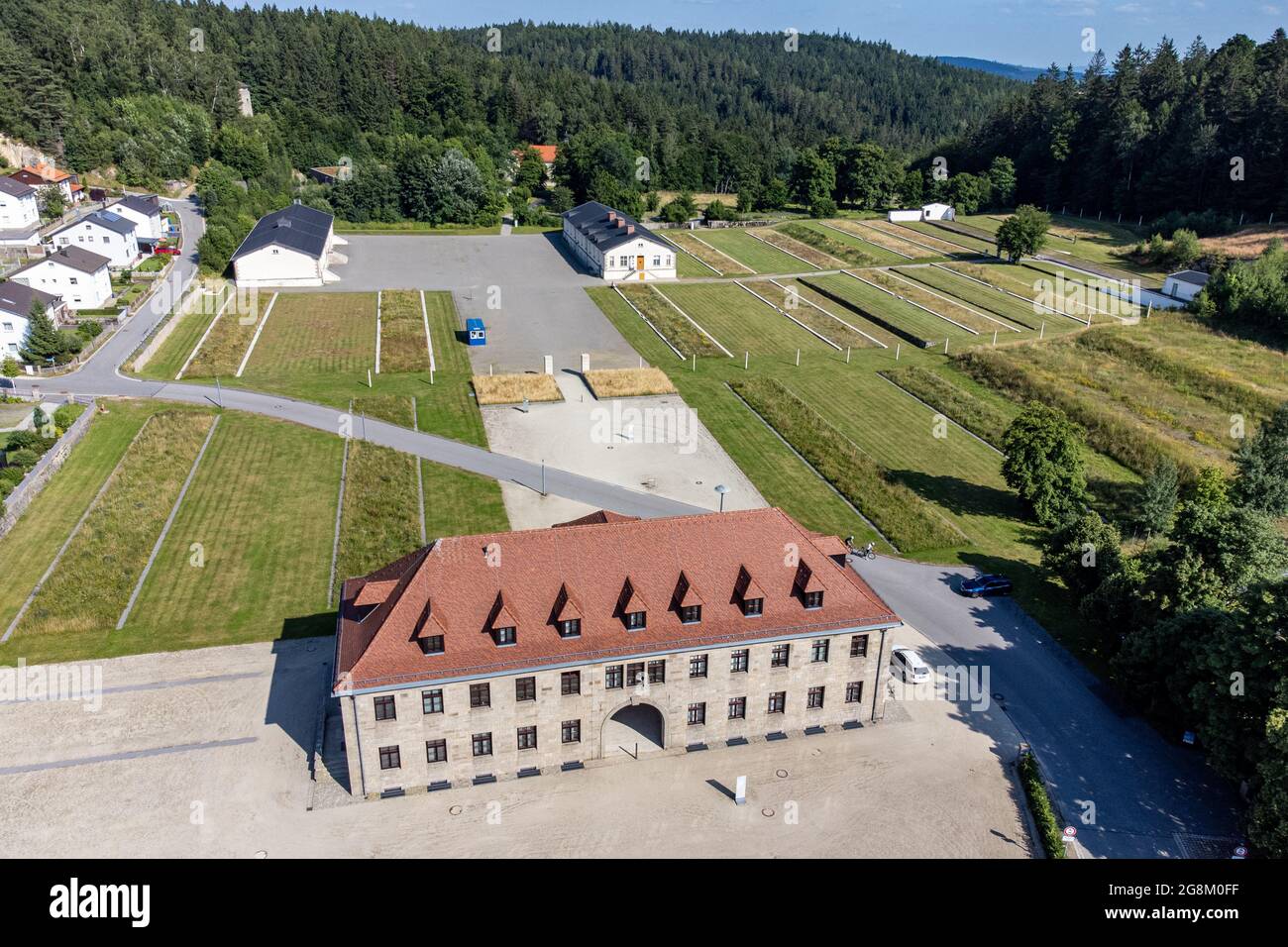 21 July 2021, Bavaria, Flossenbürg: The Flossenbürg concentration camp memorial. (Aerial view with drone). Photo: Armin Weigel/dpa Stock Photo