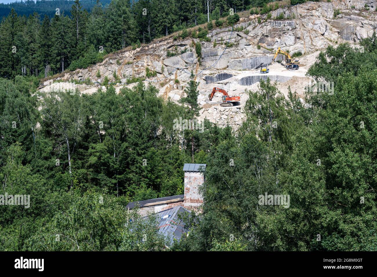 21 July 2021, Bavaria, Flossenbürg: The quarry of the Flossenbürg concentration camp. The Free State firmly rejects any further use of the quarry beyond the current lease period. Photo: Armin Weigel/dpa Stock Photo