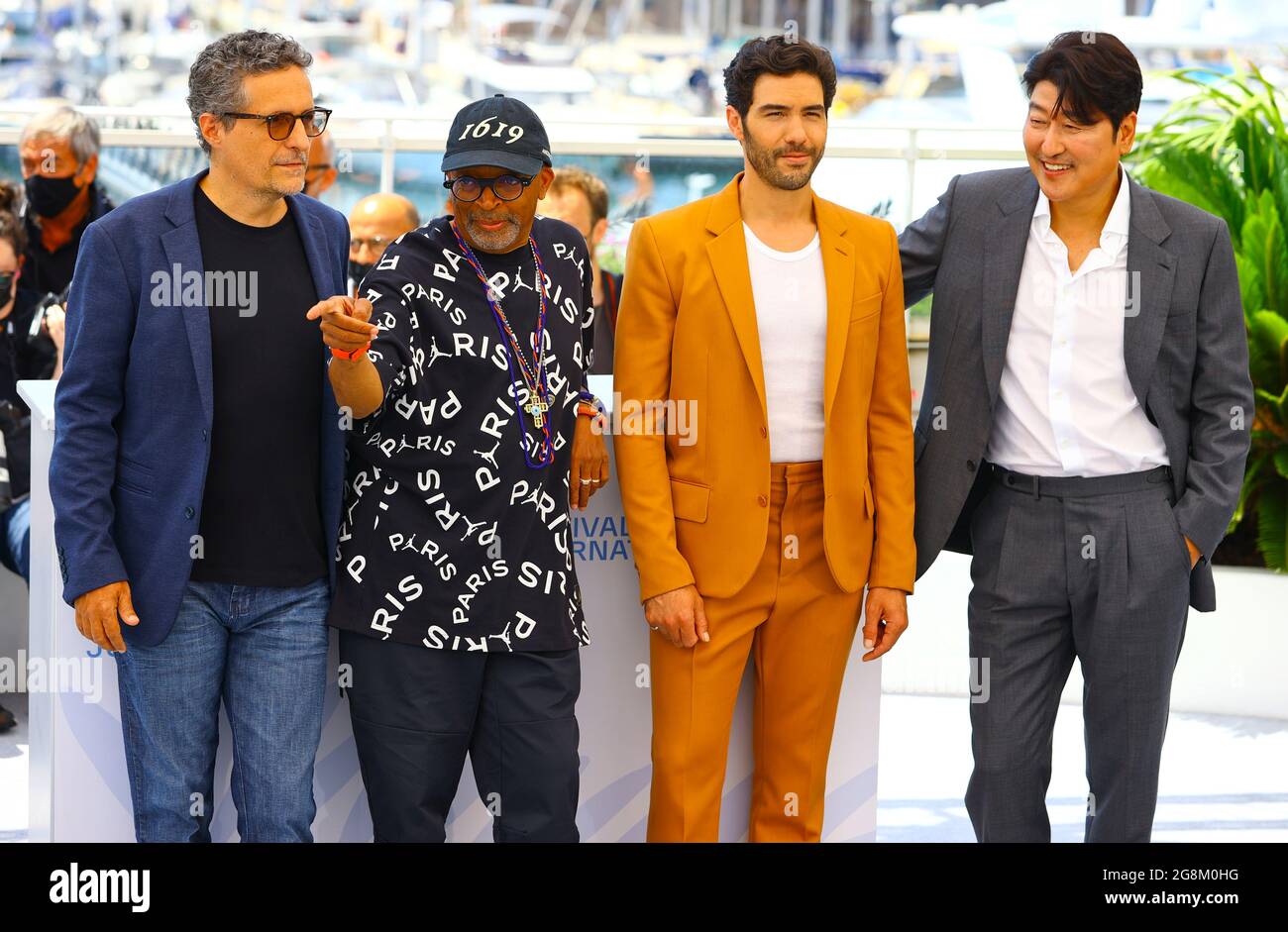 Cannes, France - July 06, 2021: Cannes Film Festival with Jury President Spike Lee, Kleber Mendonca Filho, Song Kang-Ho, Tahar Rahim at the Opening Photocall in the Palais des Festivals. Stock Photo