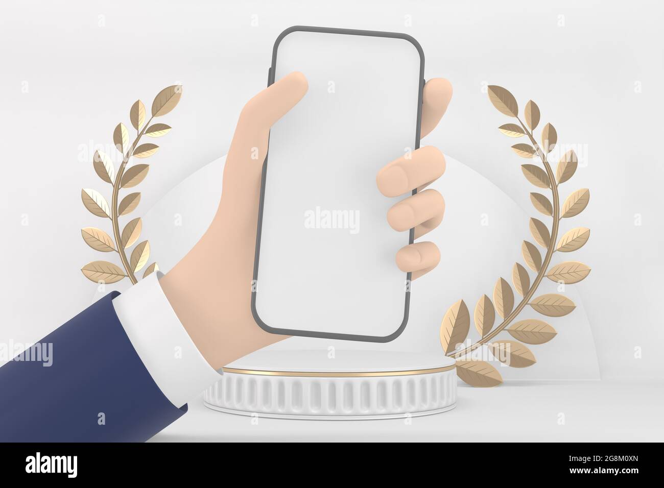 Victory golden podium winner on white background minimal design. 3D