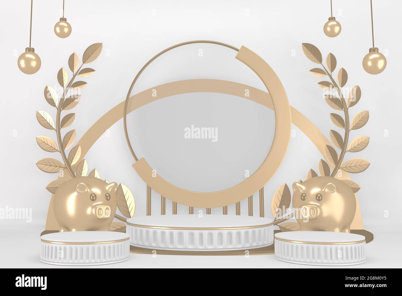 Victory golden podium winner on white background minimal design. 3D