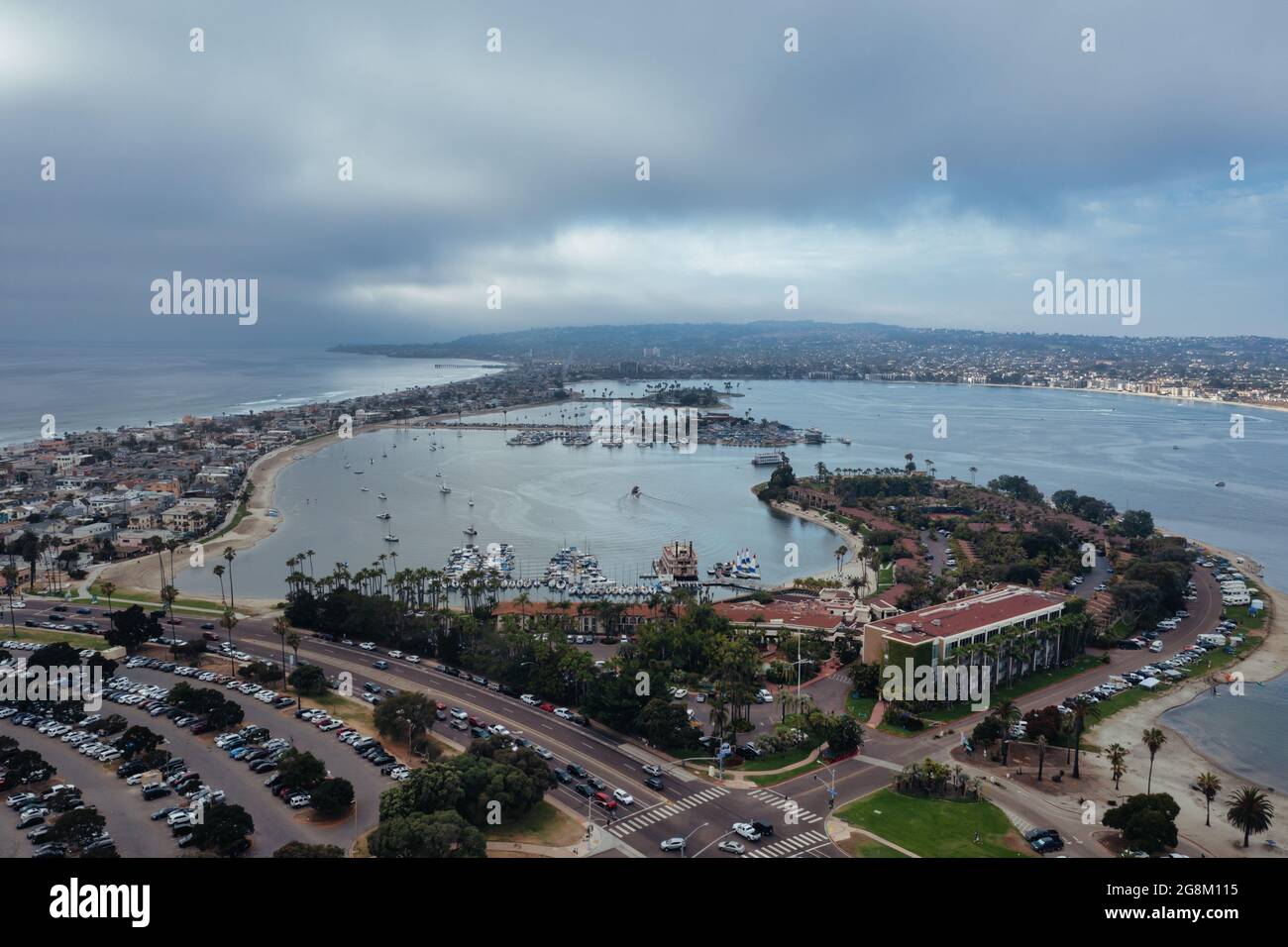 Wide aerial shot of Mission Bay on cloudy day Stock Photo