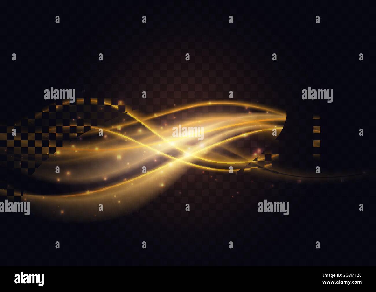 Gradient luxury golden color wave, abstract light effect vector illustration. Dynamic translucent soft stream motion, wavy flow bright curve elements isolated on transparent black background Stock Vector