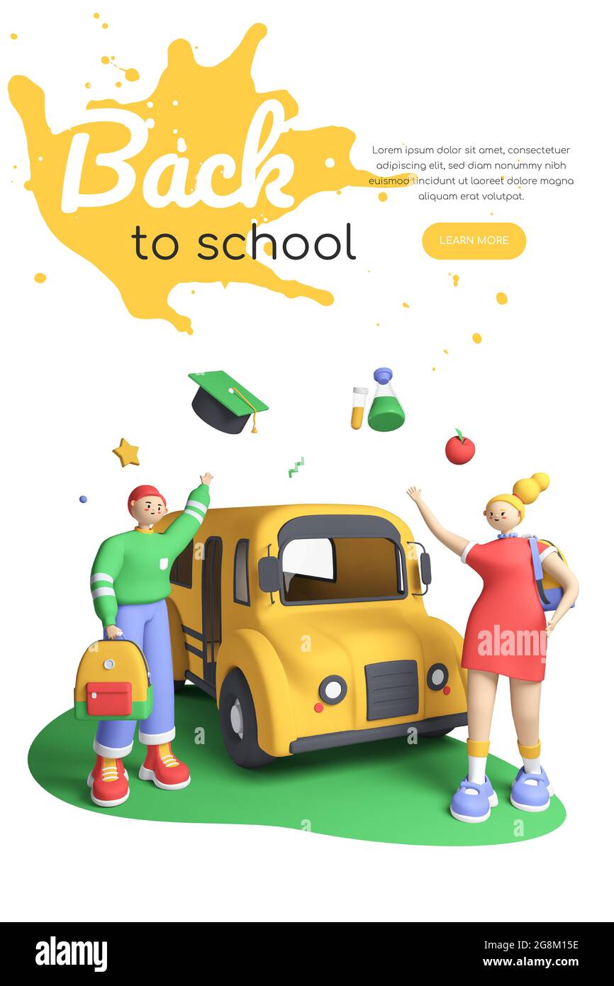 Back to school - colorful 3D style banner with place for your text. Boy and girl students or pupils greet each other next to the school bus. Joyful me Stock Photo