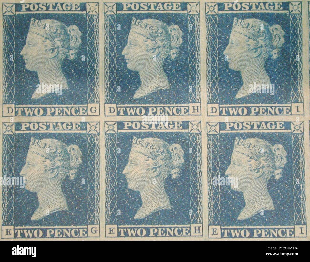 Unused block of Six '' postage stamps of Queen Victoria issued May 8, 1840 After a design by William Wyon Stock Photo