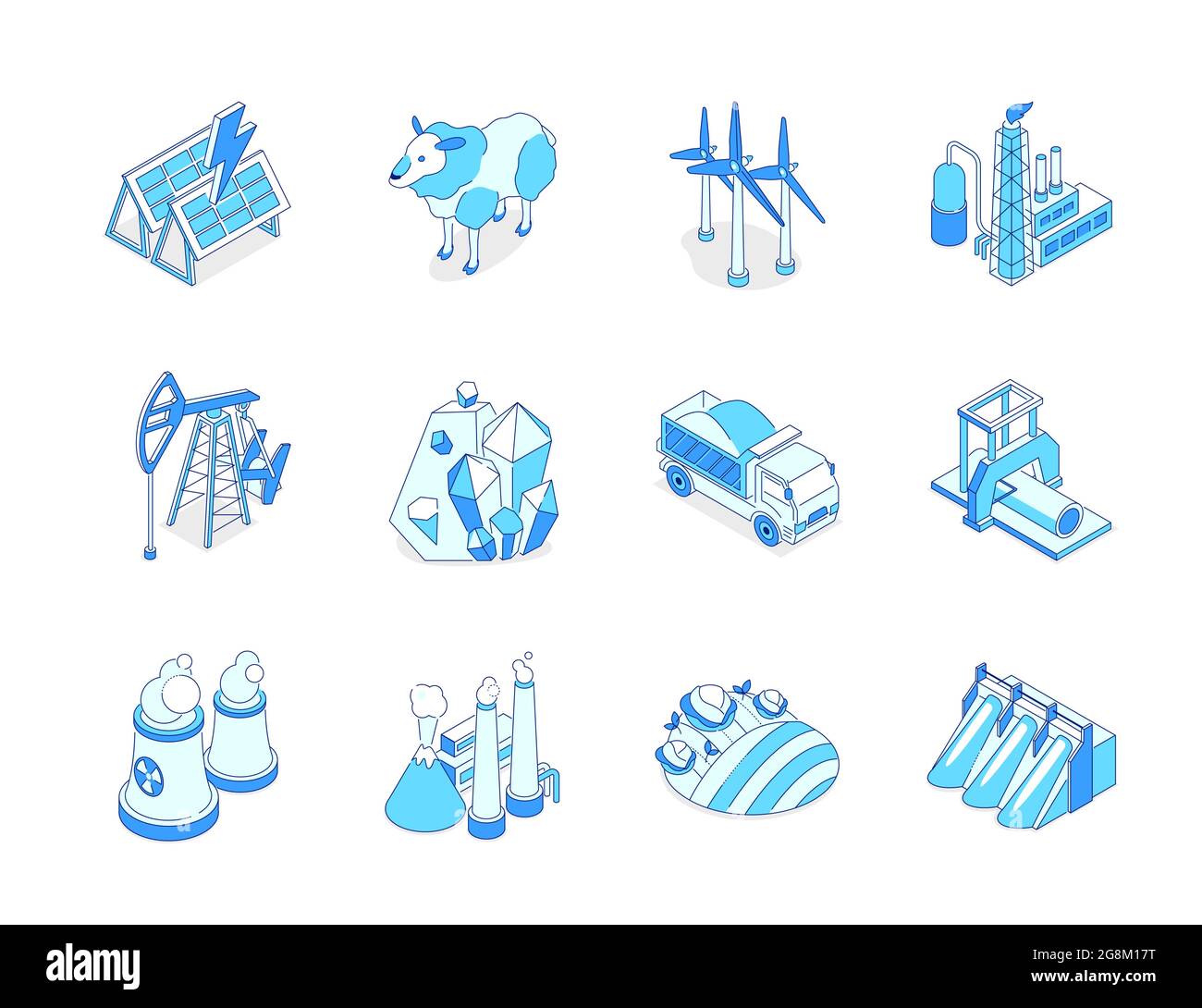 Industry and environment - modern line isometric icons set. Industrial equipment and ecology idea. Wind turbines, oil pump. Woodworking, nuclear power Stock Vector