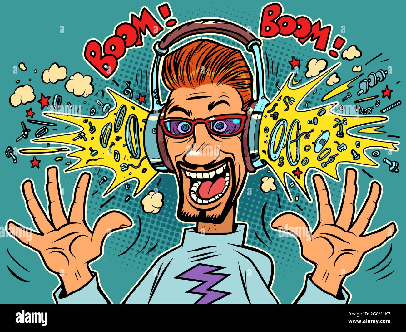 A young hipster man is listening to music with headphones. Audio and radio Stock Vector