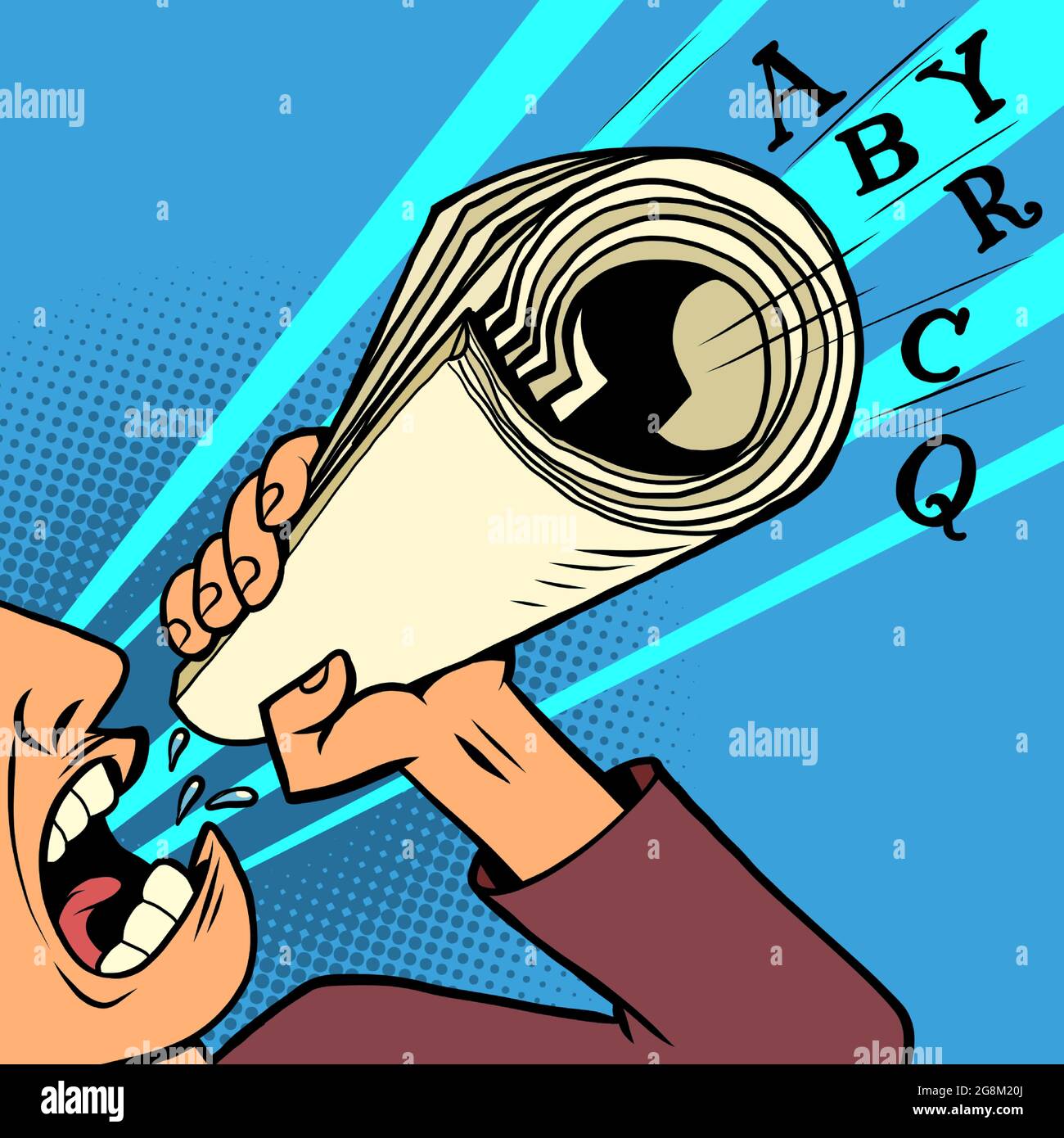 An angry man shouts through a newspaper mouthpiece. Freedom of the press Stock Vector