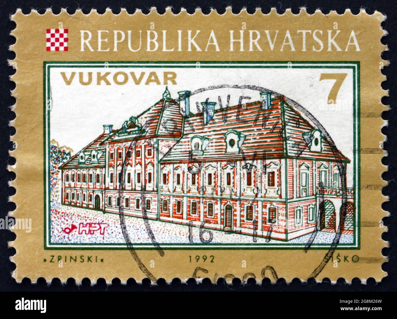 ZAGREB, CROATIA - NOVEMBER 1, 2018: a stamp printed in Croatia shows view of Eltz Castle, Vukovar, Croatian City, circa 1993 Stock Photo