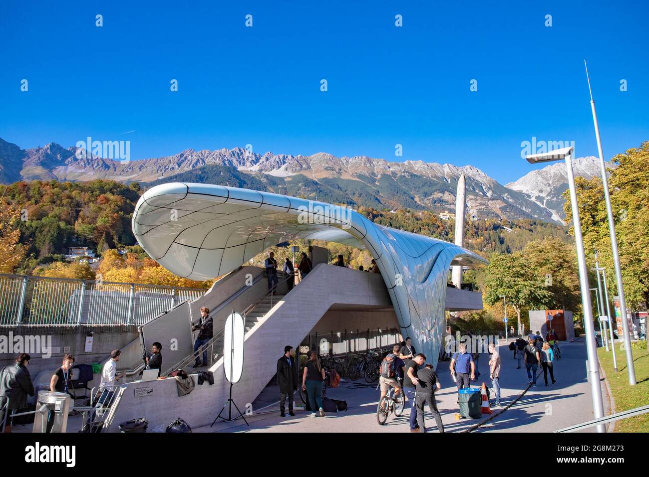 View of Hungerburgbahn, hybrid funicular railway Loewenhaus station designed by Zaha Hadid in Innsbruck, Austria. Taken in Innsbruck, Austria on Octob Stock Photo