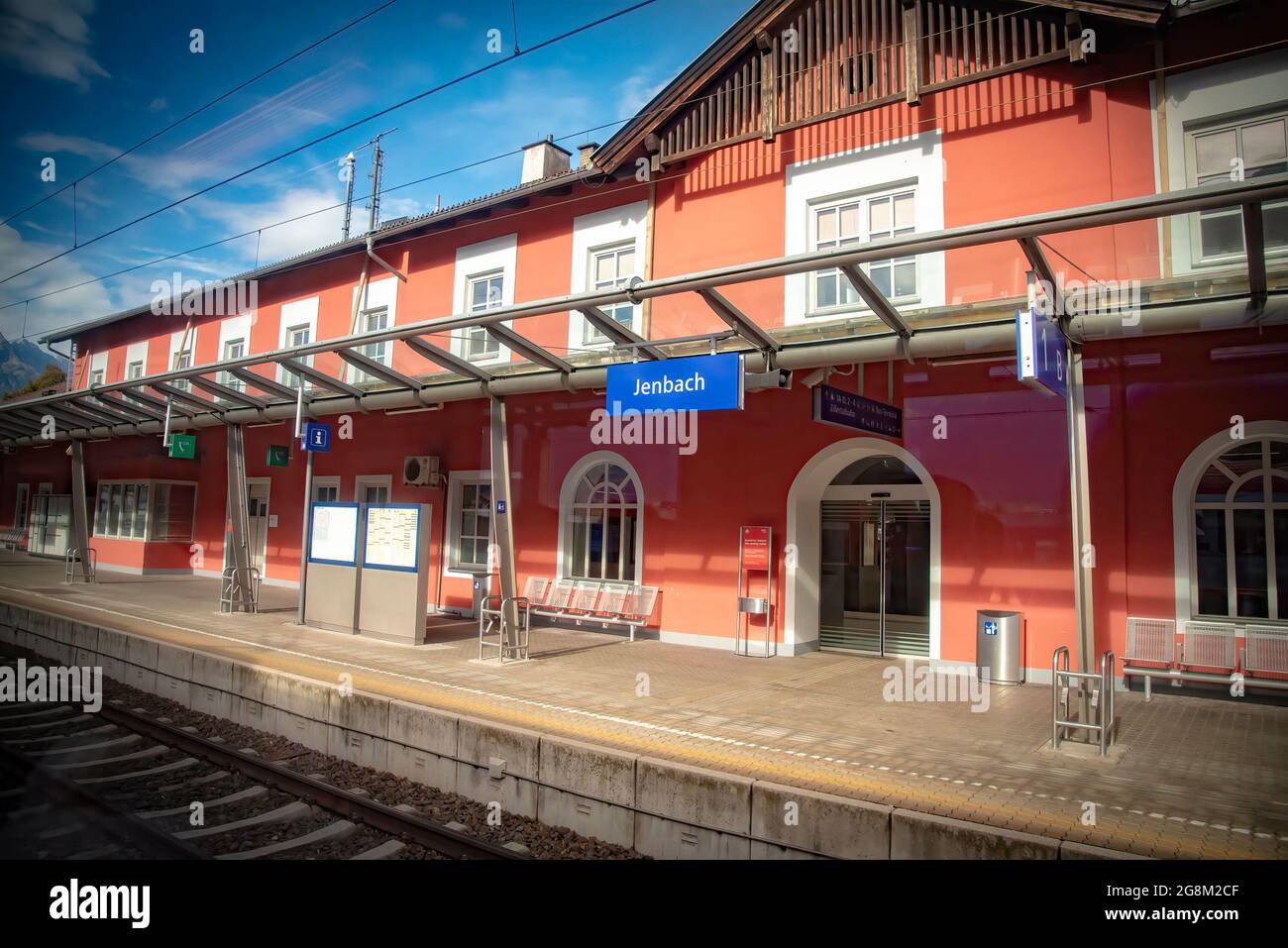View of Jenbach railway station serves the municipality of Jenbach, in the Schwaz district of the Austrian federal state of Tyrol. Taken from a train Stock Photo