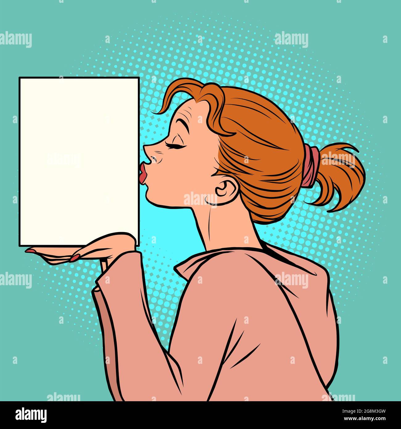 Concept presentation. A woman kisses a product. the template is an empty space Stock Vector