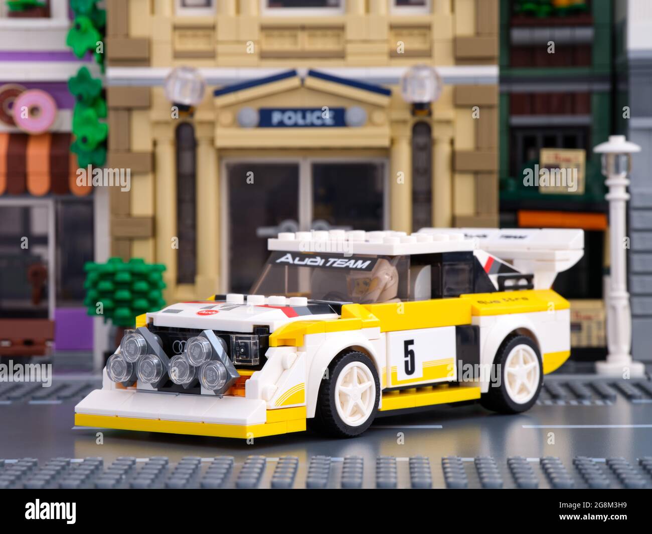 Tambov, Russian Federation - July 02, 2021 Lego 1985 Audi Sport quattro S1 car by LEGO Speed Champions on a city street Stock Photo