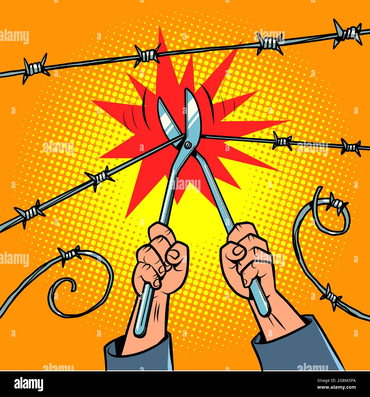 Escape from prison to freedom. The prisoner cuts the barbed wire Stock Vector