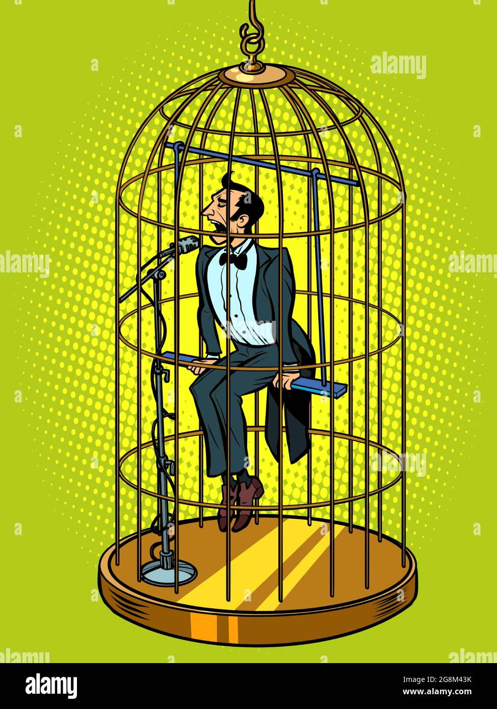 A male tenor singer in a bird cage. Musical voice concept Stock Vector