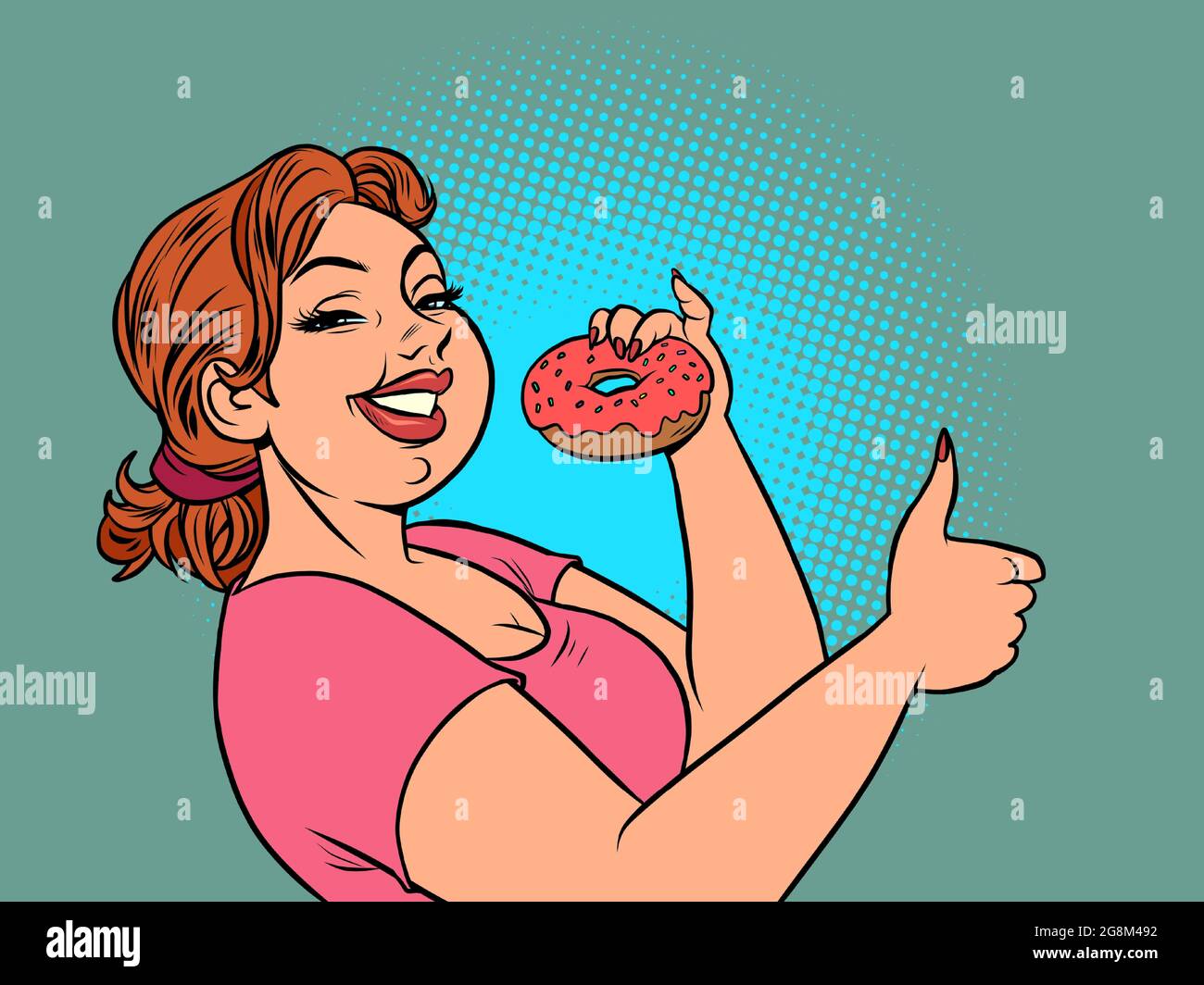 a woman eats a donut. Delicious confectionery food. Like gesture Stock Vector