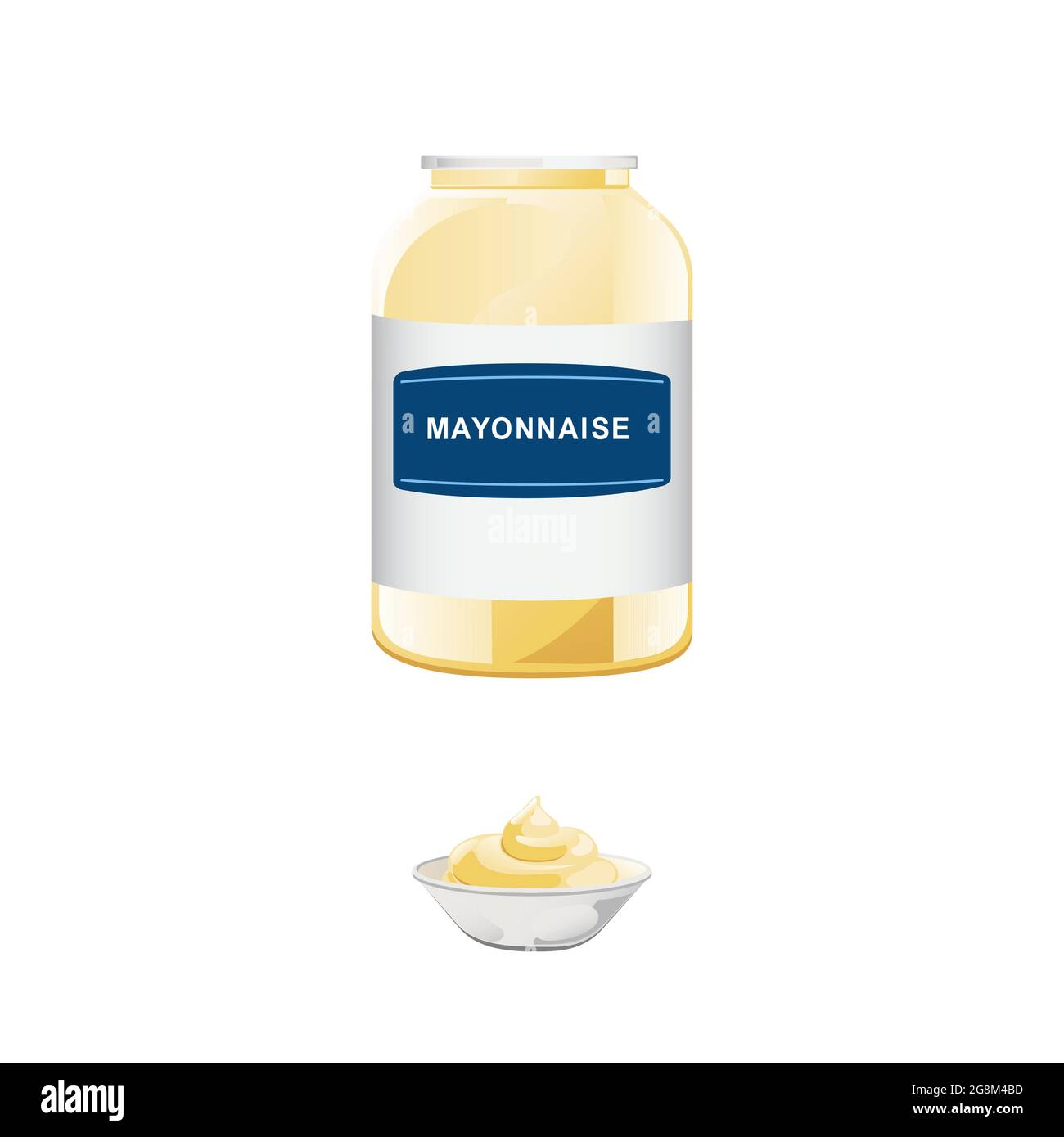 Mayonnaise in glass bottle with ceramic bowl. Jar with white sauce. Condiment container in