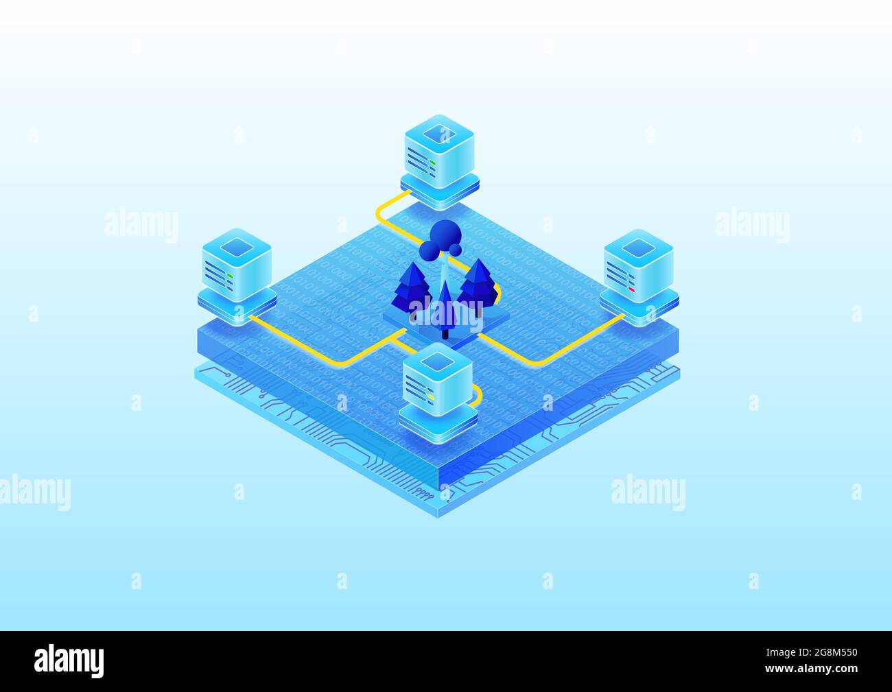 Concept of environmental friendly IT data center. Isometric 3D vector illustration of server farm powered by sustainable energy. Stock Vector