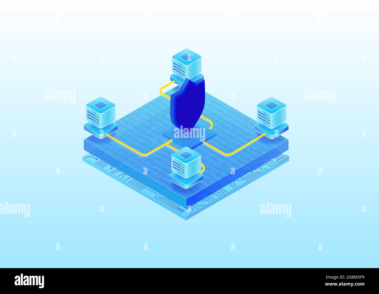 Data center security concept. Isometric 3D vector illustration of a cloud server farm which is secured by IT security. Stock Vector