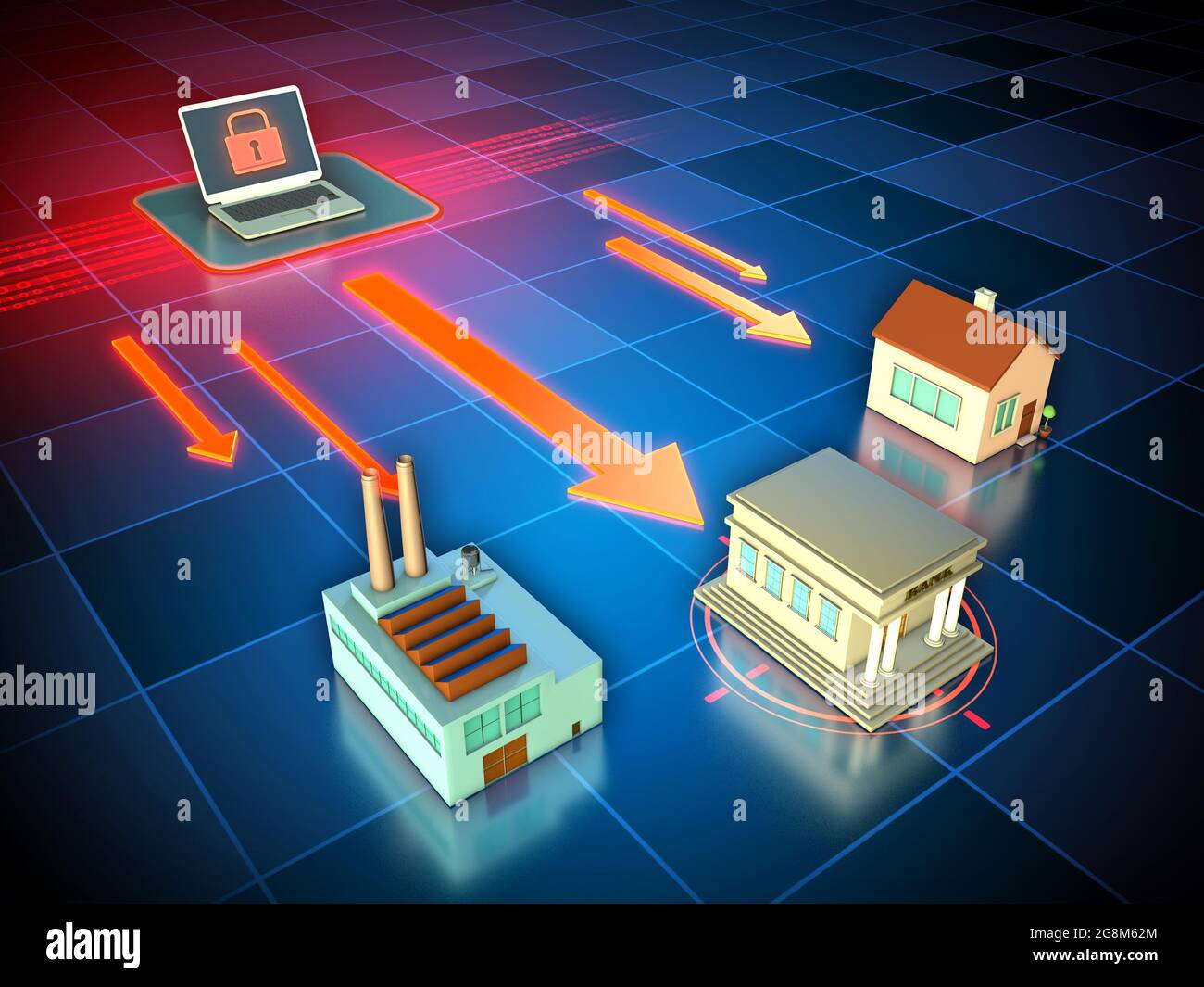 Ransomware attack targeting multiple residential, financial and manufacturing targets. Digital illustration. Stock Photo