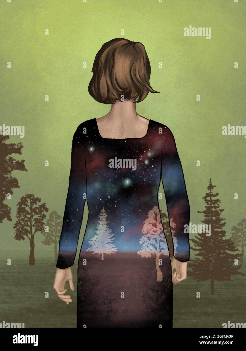 Girl standing on the edge of a forest. Her dress is a window to a night landscape. Digital illustration. Stock Photo