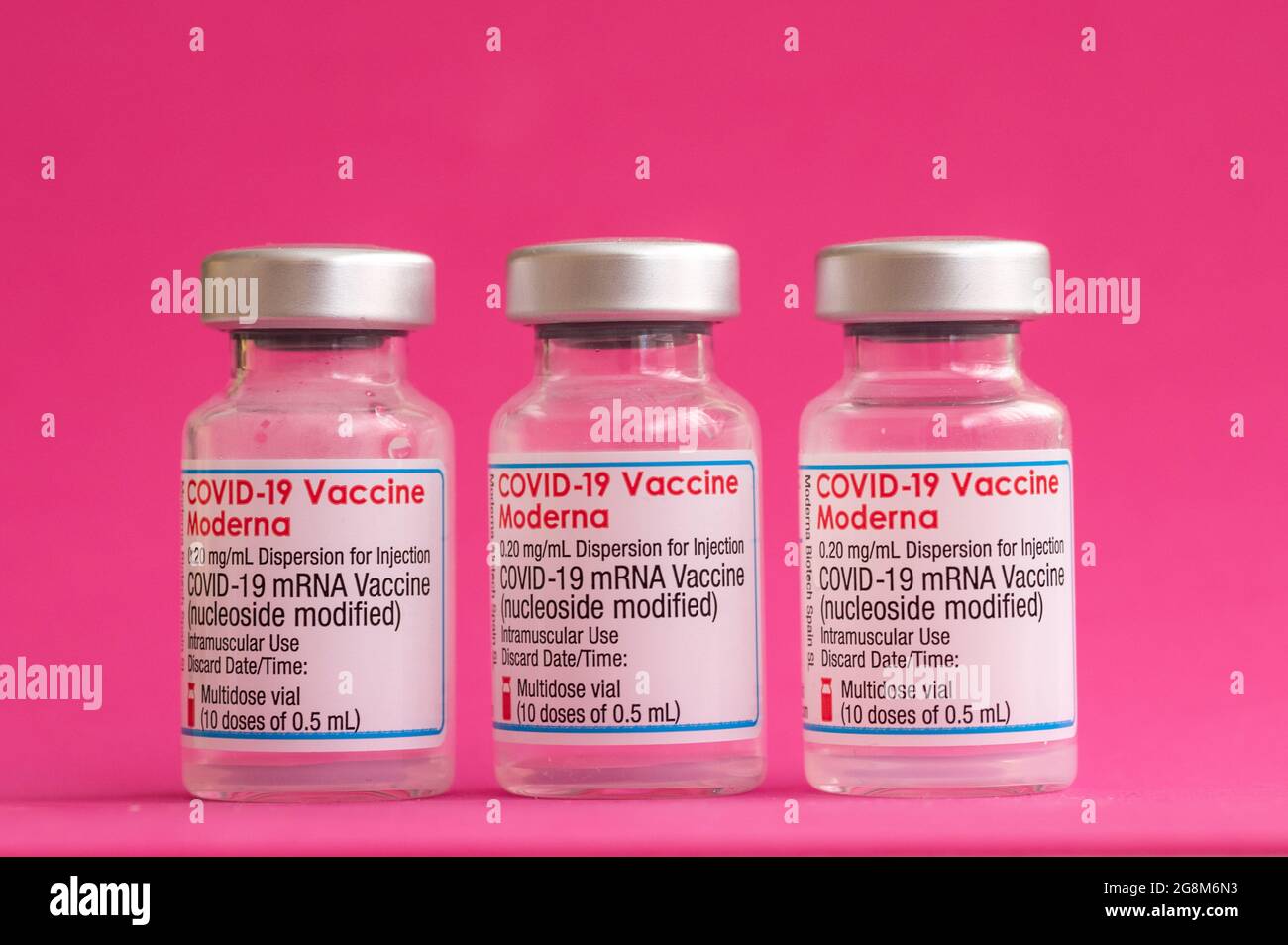Vials of Moderna vaccine (COVID-19 mRNA, nucleoside modified) for coronavirus treatment. Stock Photo