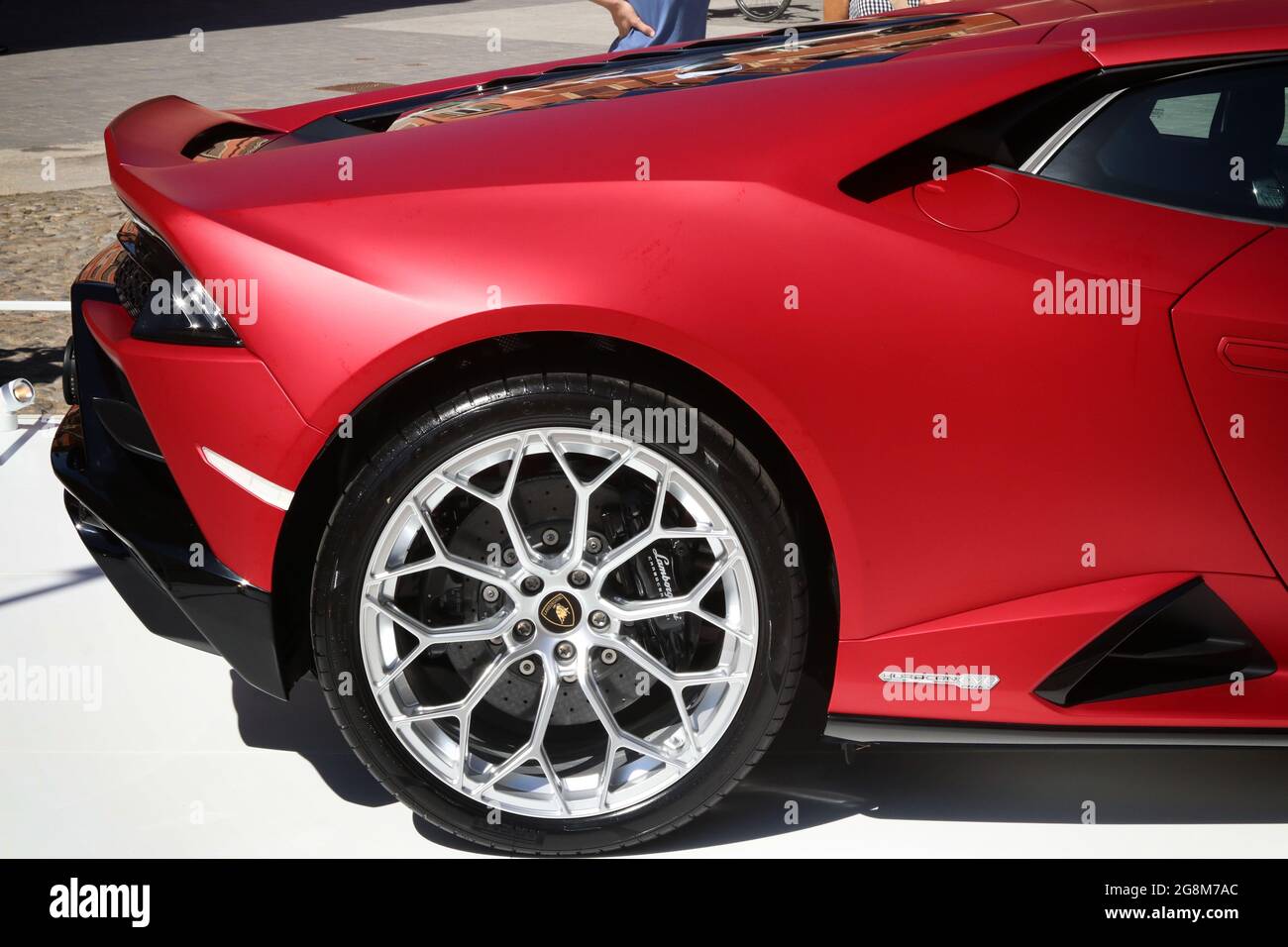 Modena, Italy, july 1 2021 - Lamborghini Huracan Evo sport car detail, Motor Valley Exhibition Stock Photo