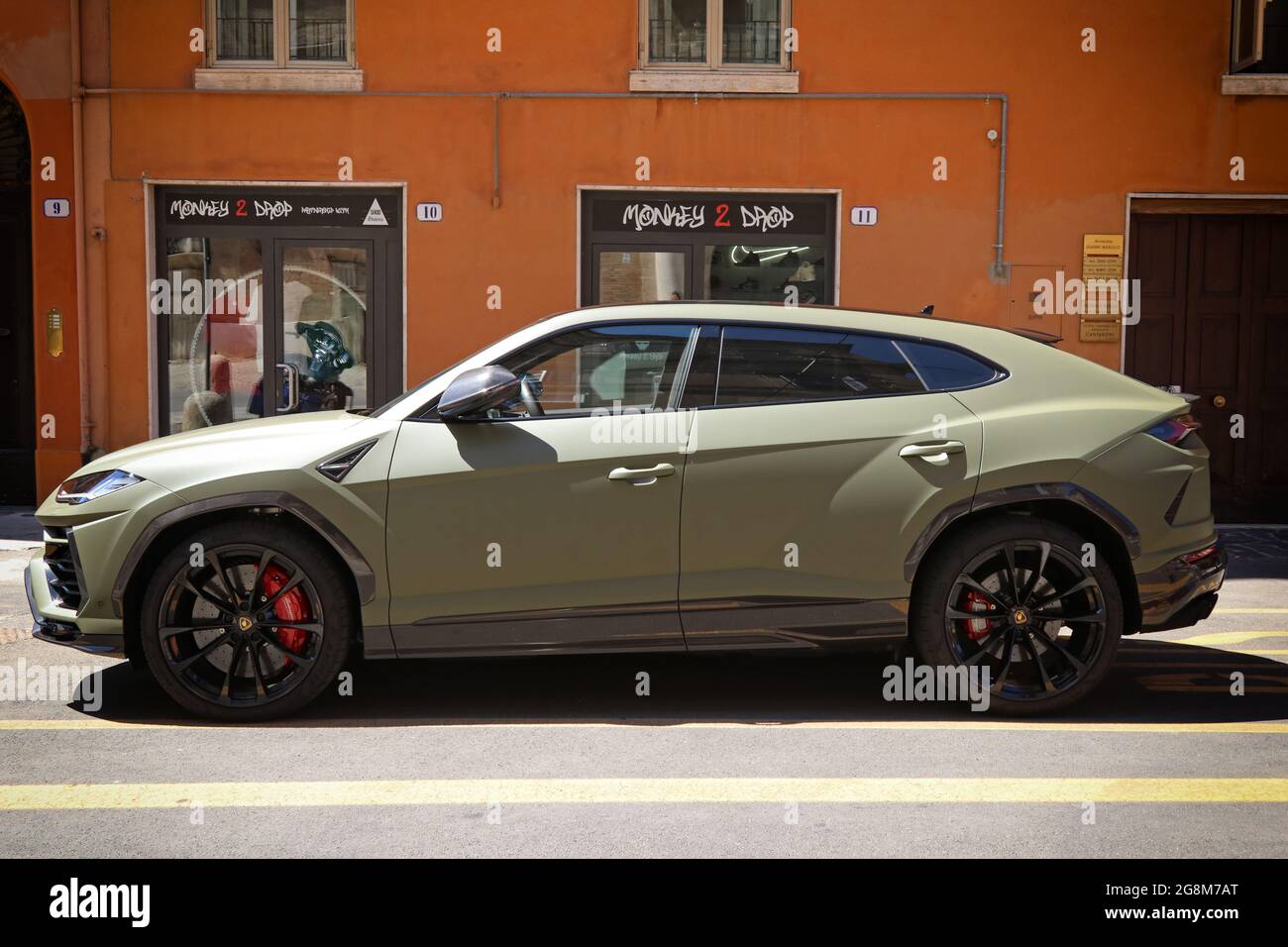 Modena, Italy, july 1 2021 - Lamborghini Urus sport car detail, Motor Valley Exhibition Stock Photo