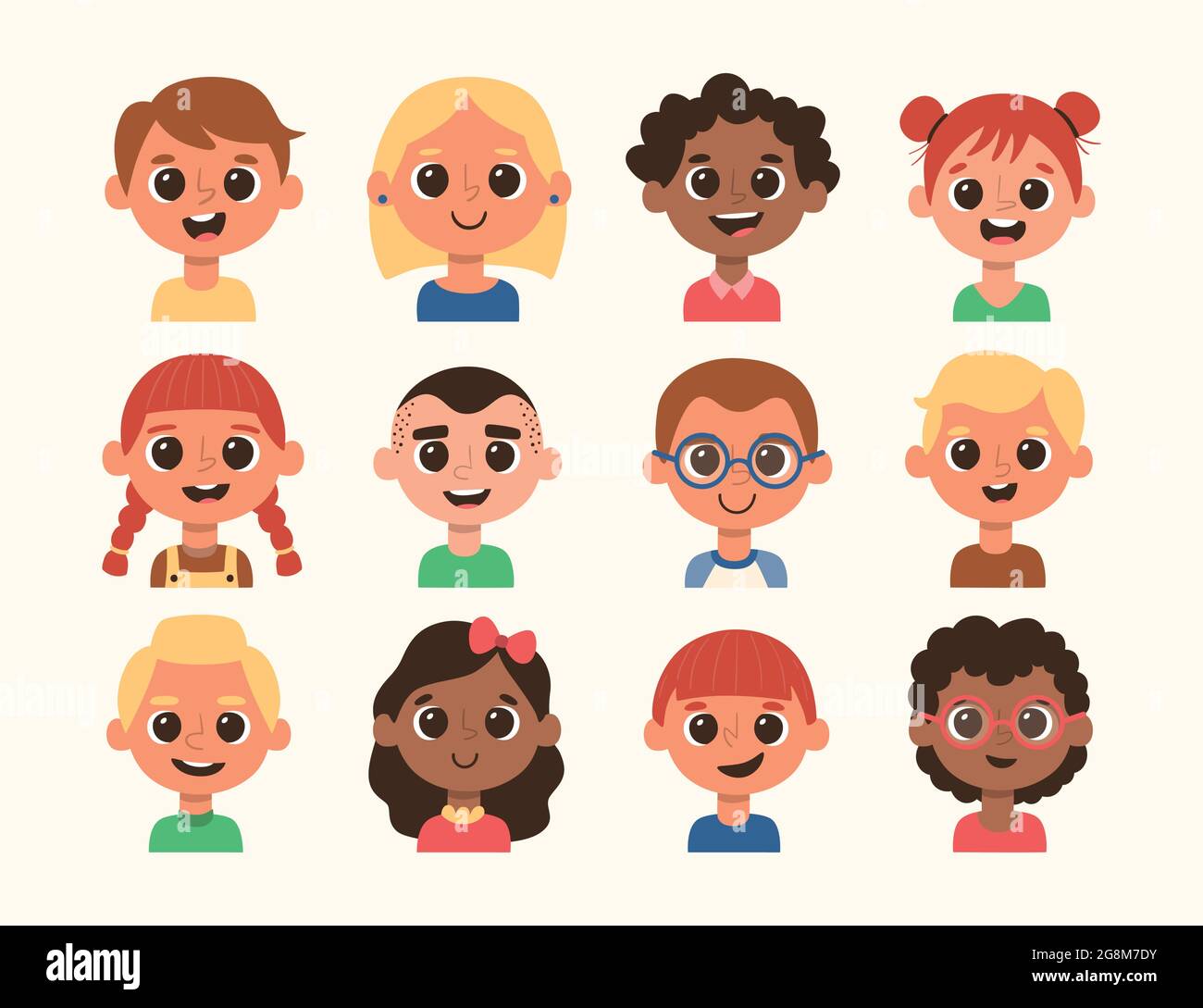 Cute children avatar set. Different hair style and skin color. Cartoon illustration. Set 1 of 4. Stock Vector