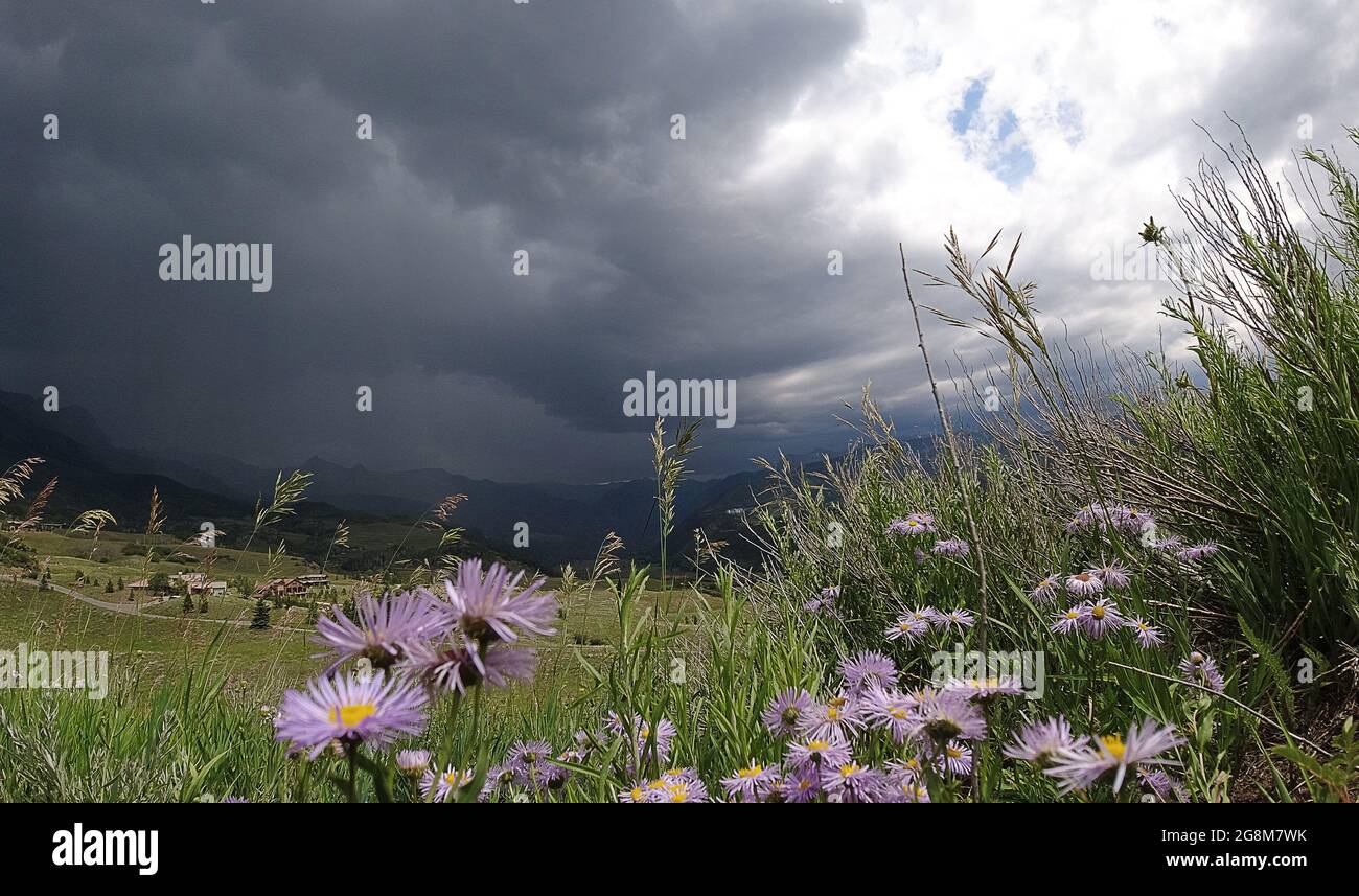Telluride, COLORADO, USA. 20th July, 2021. July 20, 2021. Telluride, Colo, USA. The view from the Telluride airport as an afternoon thunderstorm rolls over the San Juan Mountains and into Telluride, Colorado. (Credit Image: © Ralph Lauer/ZUMA Press Wire) Stock Photo