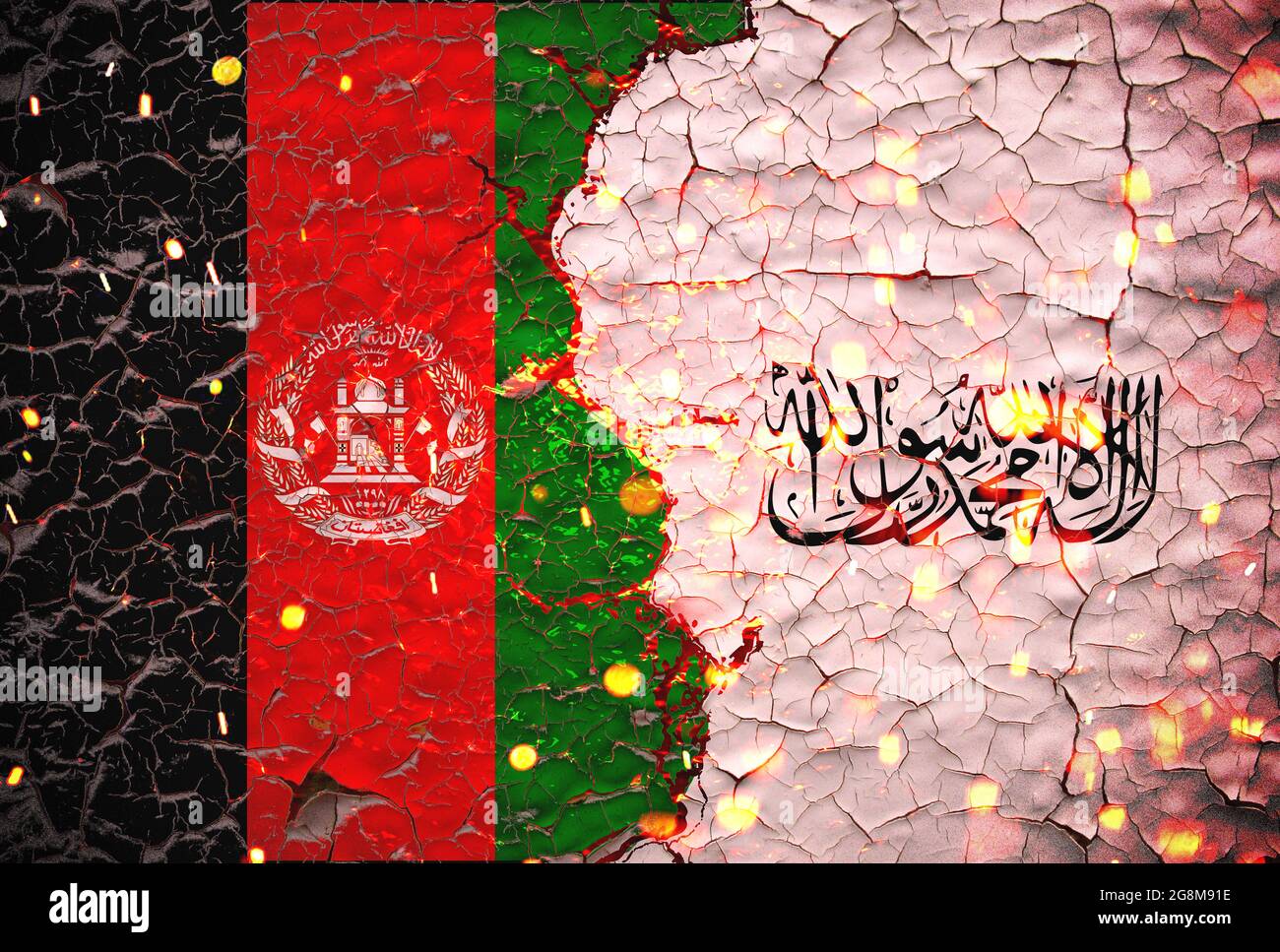 Afghanistan and Taliban flags painted over cracked concrete wall.And lava flows behind. Afghanistan vs Taliban war. Stock Photo