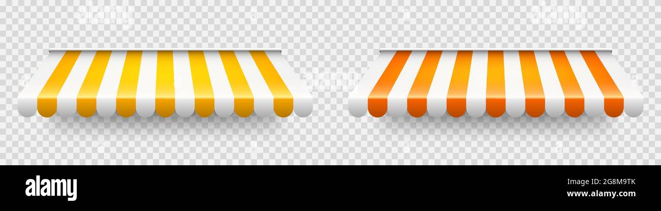 Yellow shop sunshade on transparent background. Realistic striped cafe ...