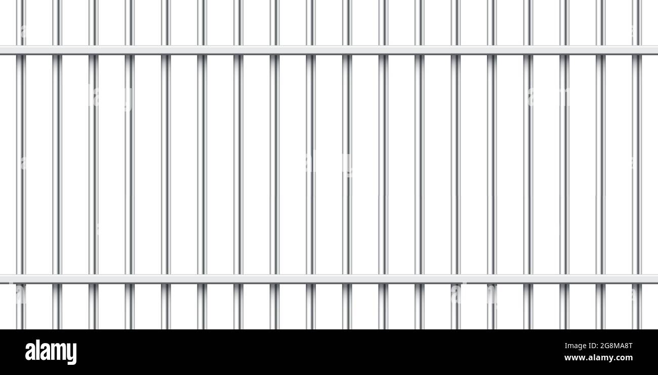 Realistic metal prison bars isolated on white background. Detailed jail cage, prison iron fence