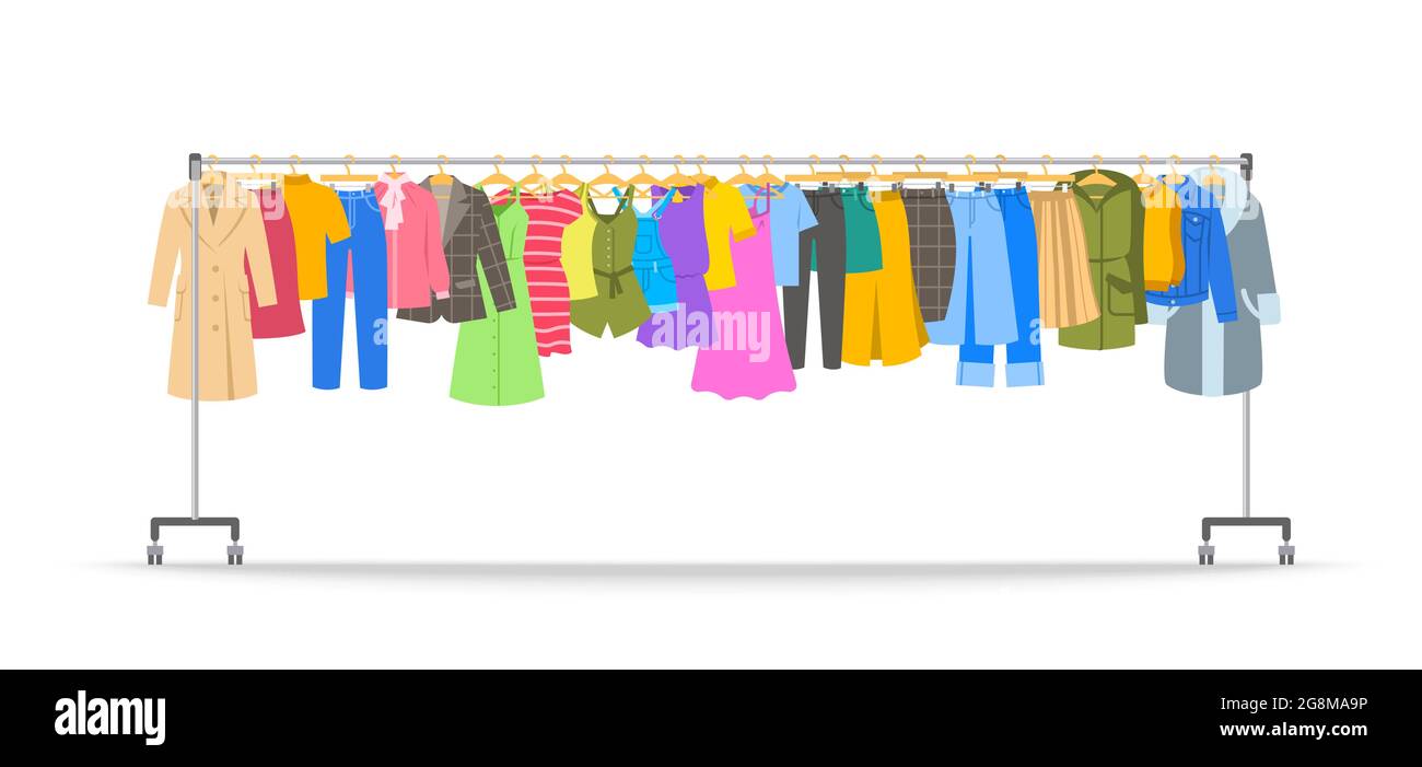 Women clothes on long rolling hanger rack. Many different garments hanging on store hanger stand with wheels. Flat cartoon vector illustration. Graphi Stock Vector