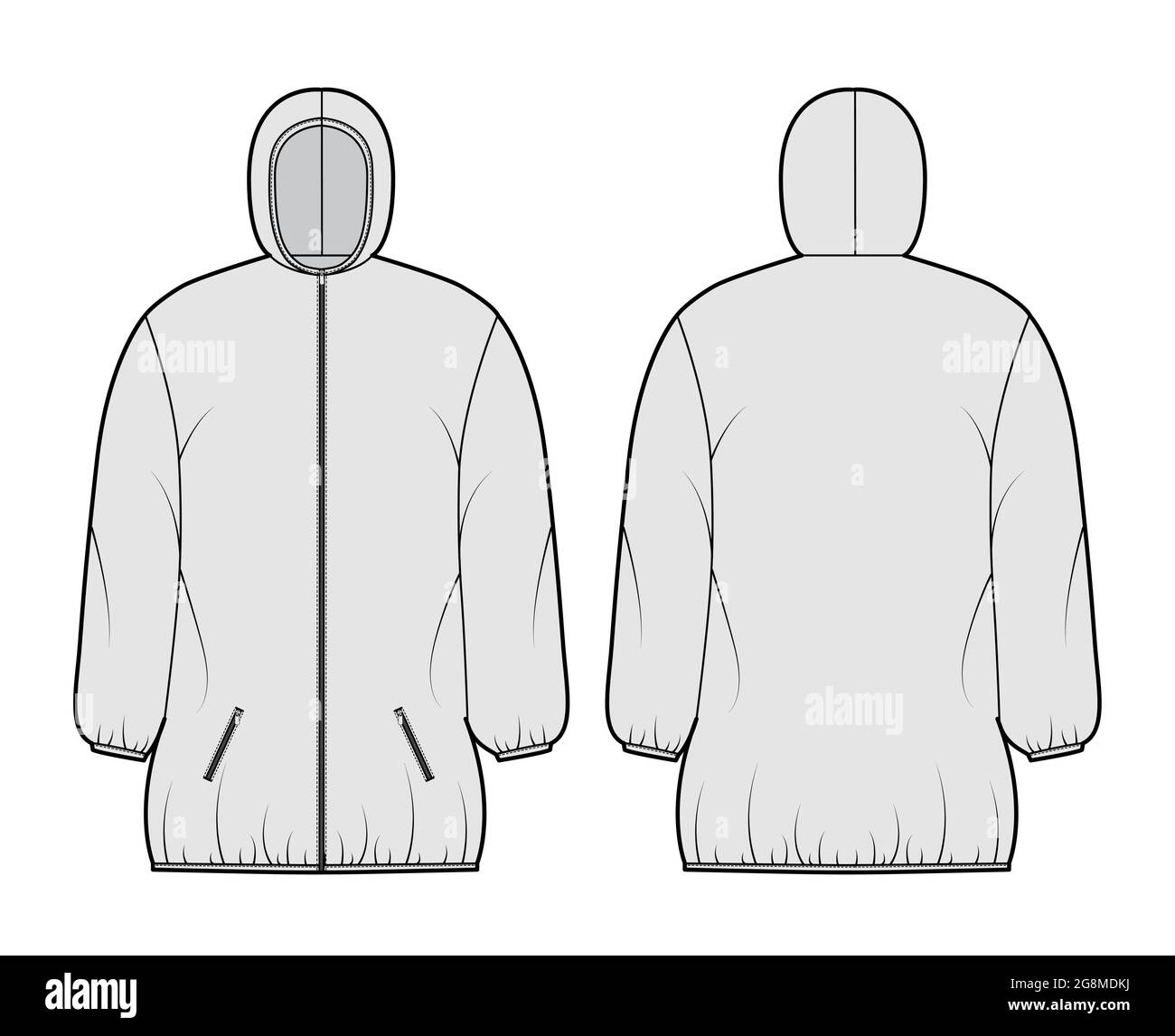 Down puffer coat jacket technical fashion illustration with long
