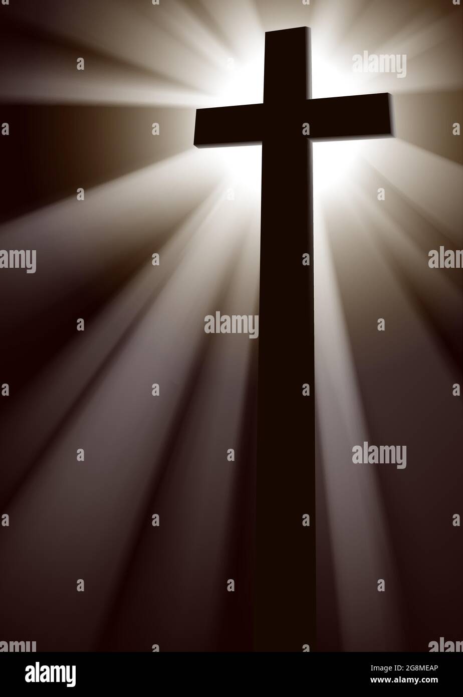 Vector illustration of silhouette of a cross backlit against a dark  background with beams of light Stock Vector Image & Art - Alamy