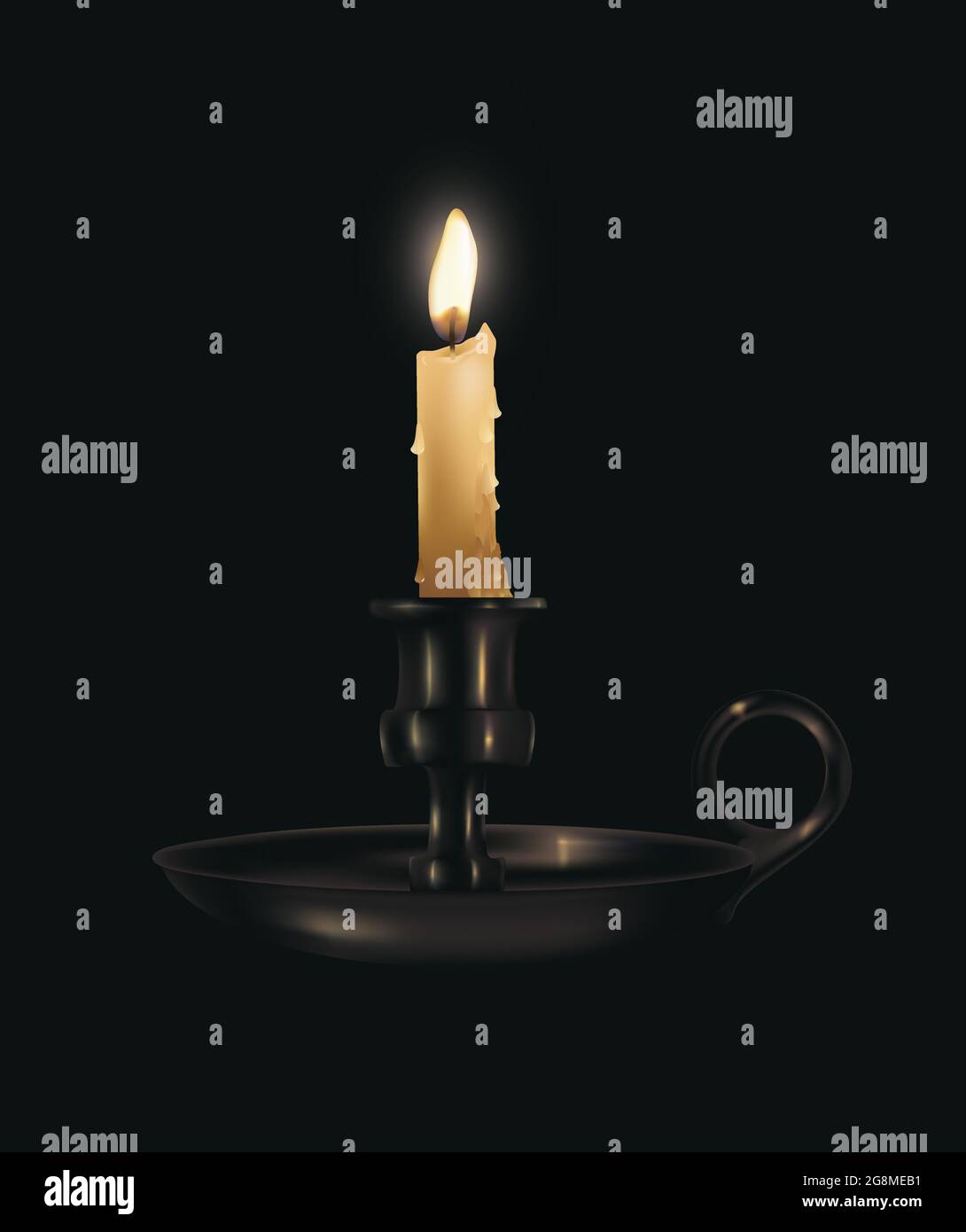 Realistic vector illustration of single lit candle in a holder against dark background Stock Vector