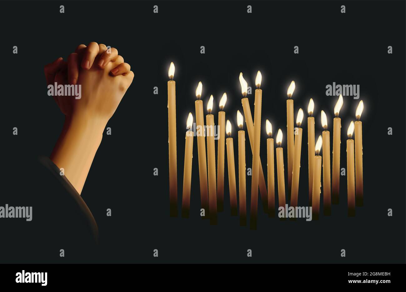 Realistic vector illustration of hands clasped in prayer with lit candles against dark background Stock Vector