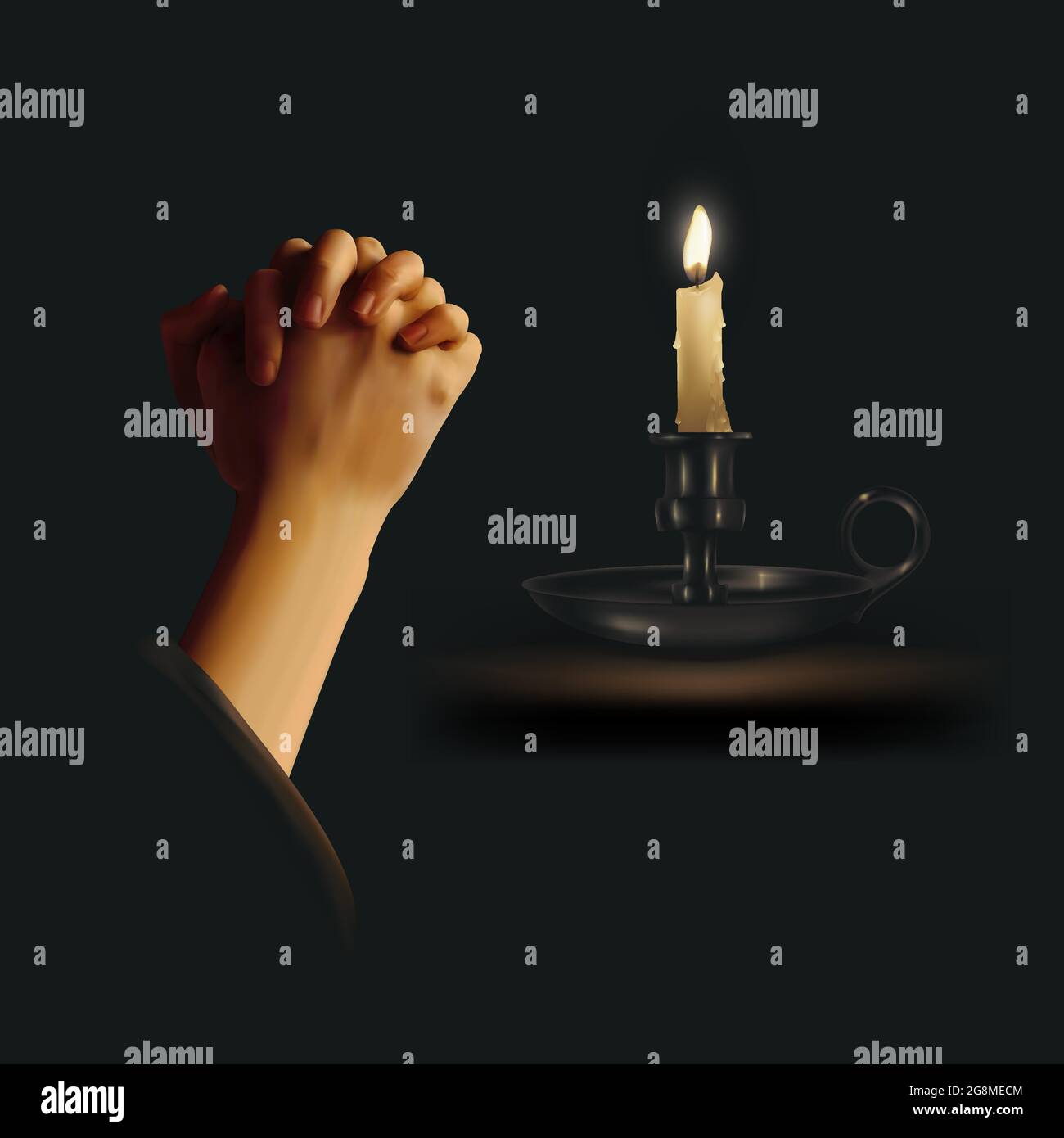 Realistic vector illustration of hands clasped in prayer with lit candle in a holder against dark background Stock Vector