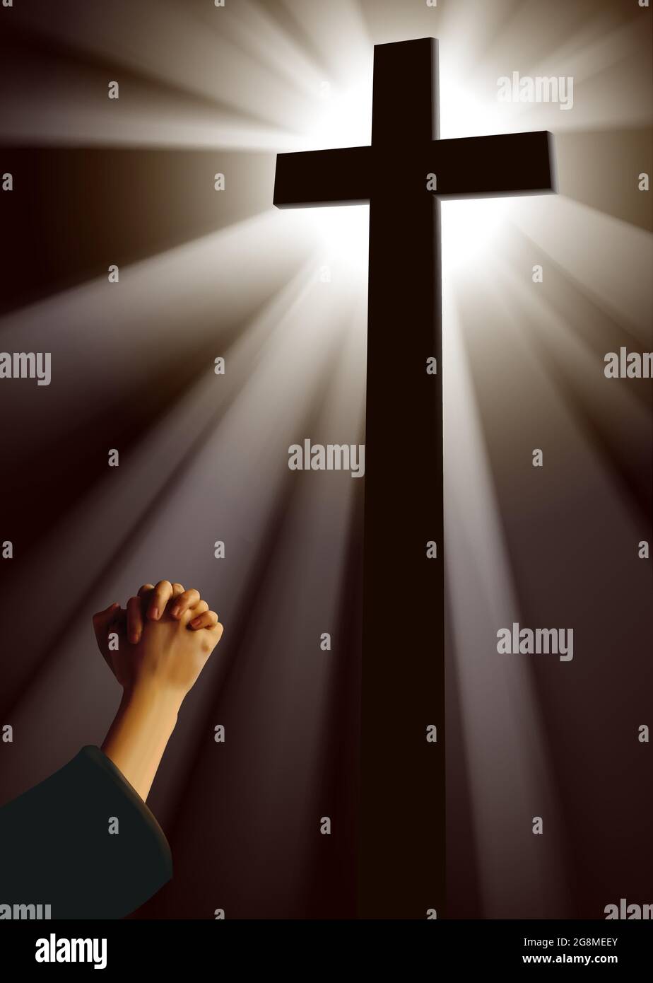 Vector illustration of  praying female hands with silhouette of a cross backlit against a dark background with beams of light Stock Vector