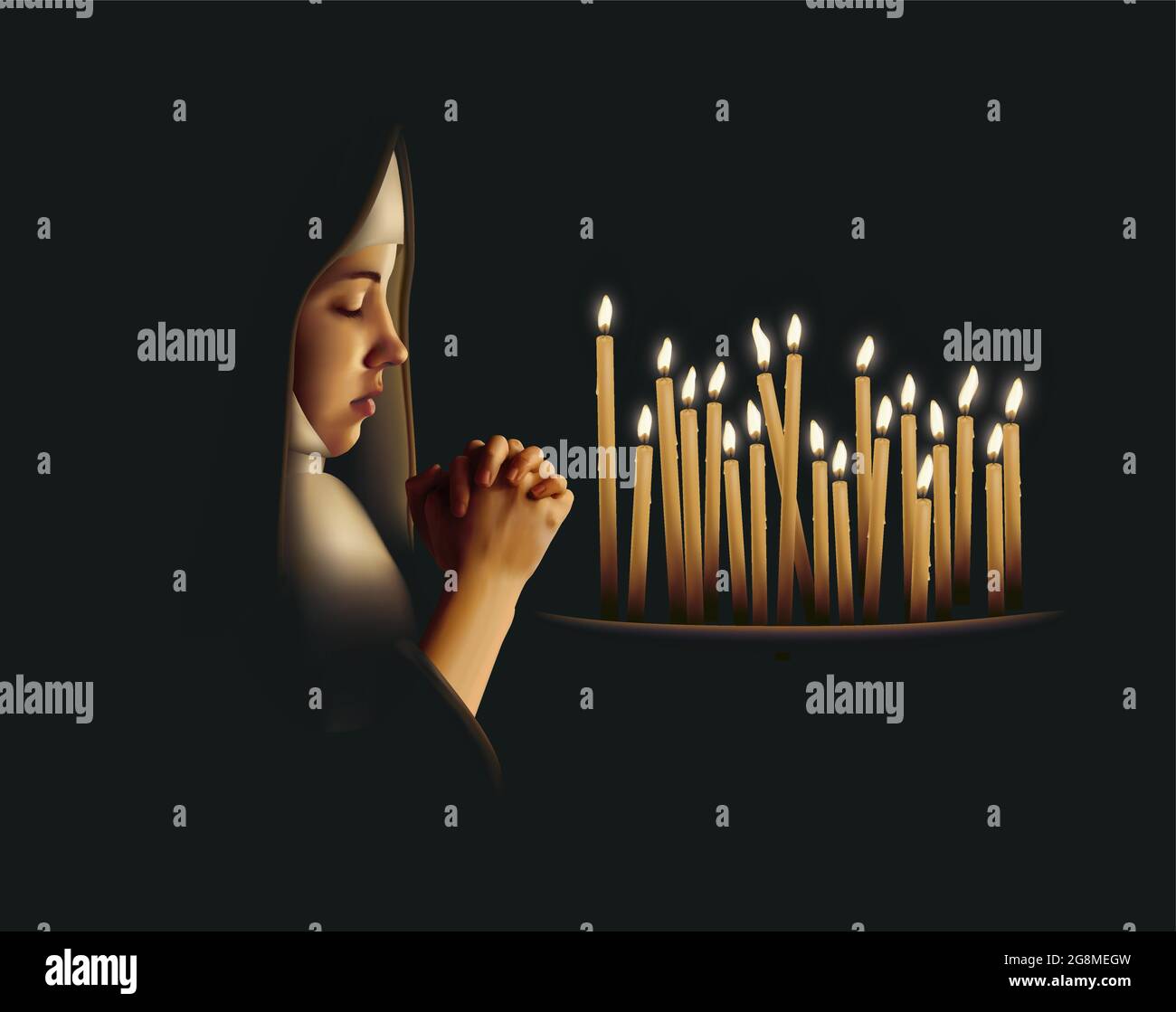 Young novice nun praying with candles Stock Vector
